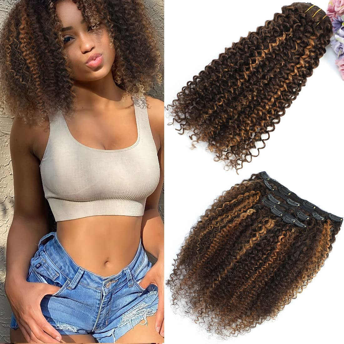 4/30 Kinky Curly 10 Inch 3C 4A Clip in Hair Extensions for Black Women Chocolate Brown Mix Medium Auburn Curly Hair Extensions Clip Ins 10Pcs/Set Full Head 10A Grade
