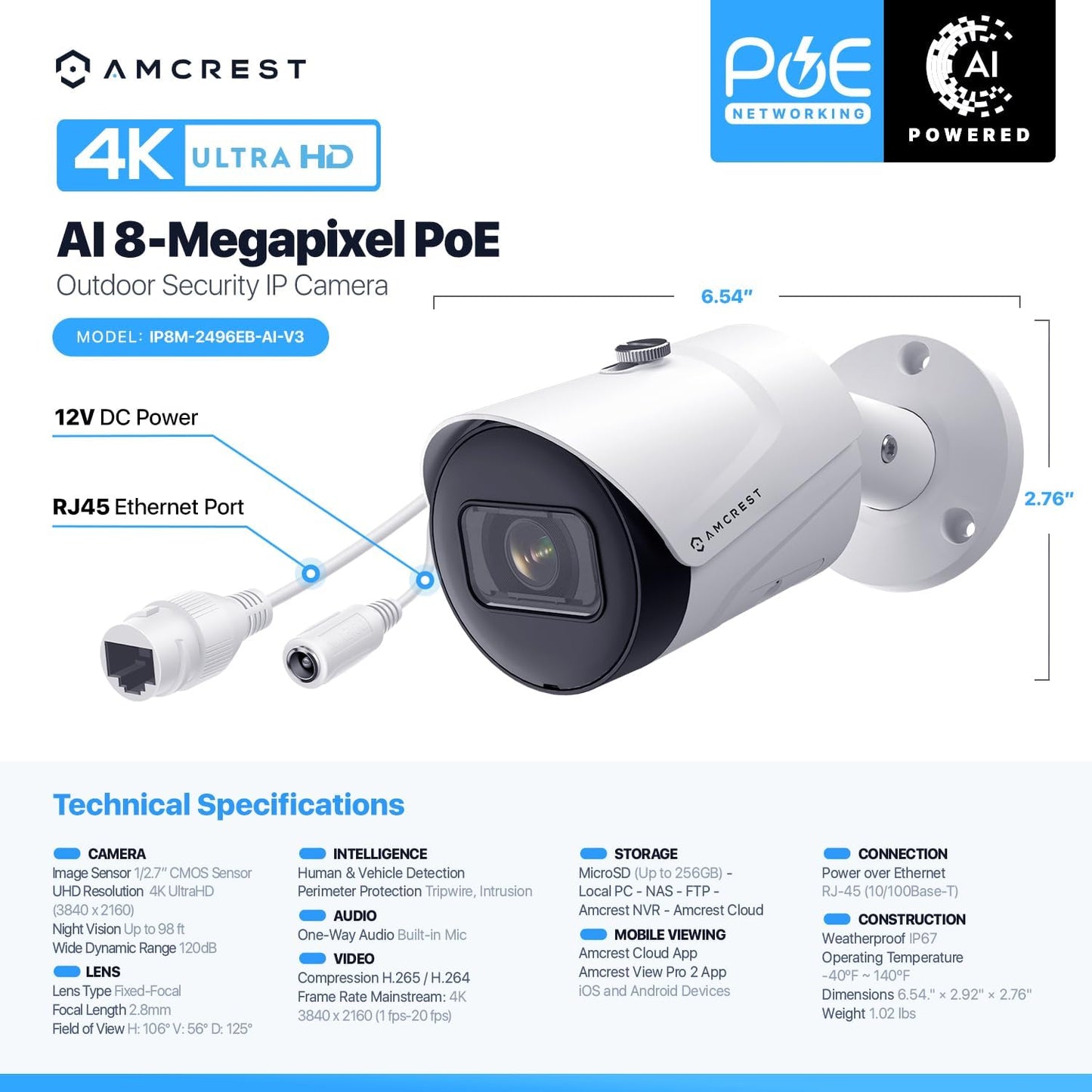 4K (8MP) IP POE Camera, Ultrahd Outdoor Bullet, 3840X2160, 98Ft Nightvision, 125° FOV, IP67, Microsd (256GB), Human & Vehicle Detection, Tripwire & Intrusion, (IP8M-2496EW-AI-V3) TRUCK DRIVER