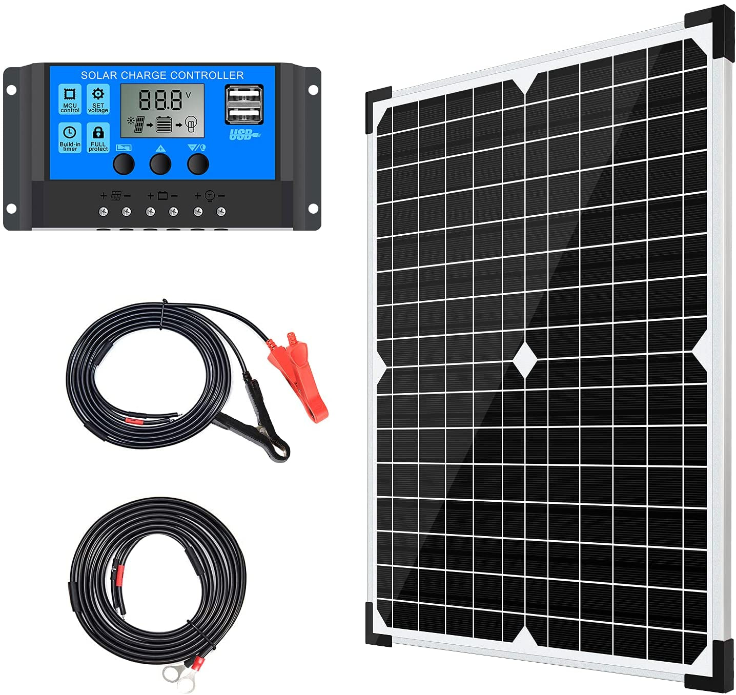Solar Panel Kit 100W 12V Monocrystalline,Battery Maintainer +10A Solar Charge Controller + Extension Cable with Battery Clips O-Ring Terminal for RV Marine Boat off Grid System