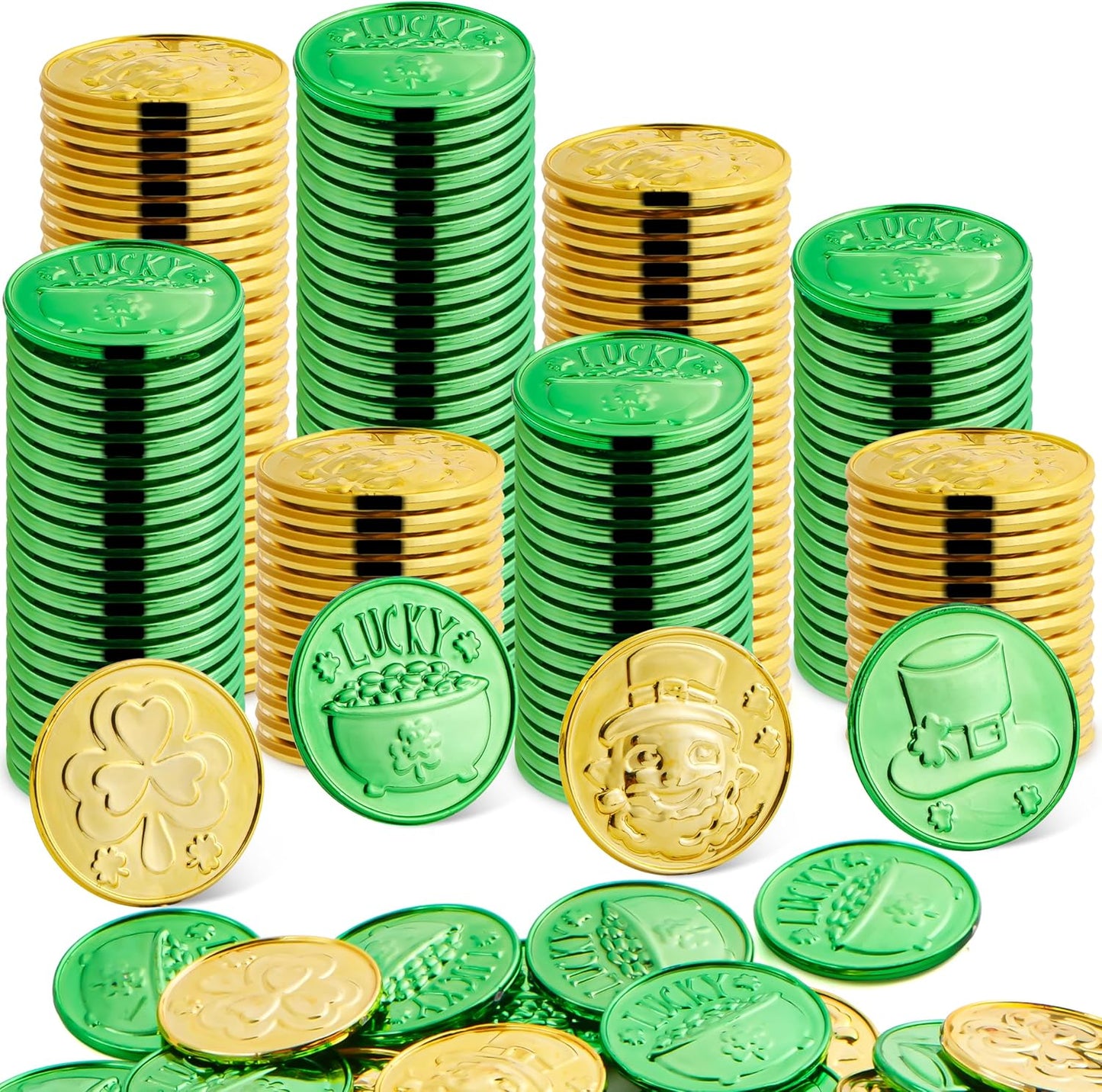 120 Pcs St. Patrick’S Day Gold Coins, Plastic Gold Coins Bulk with Shamrock, Leprechaun, Cauldron & Hat Patterns, St Patricks Accessories Games Gifts Decorations, Party Favors & Party Supplies