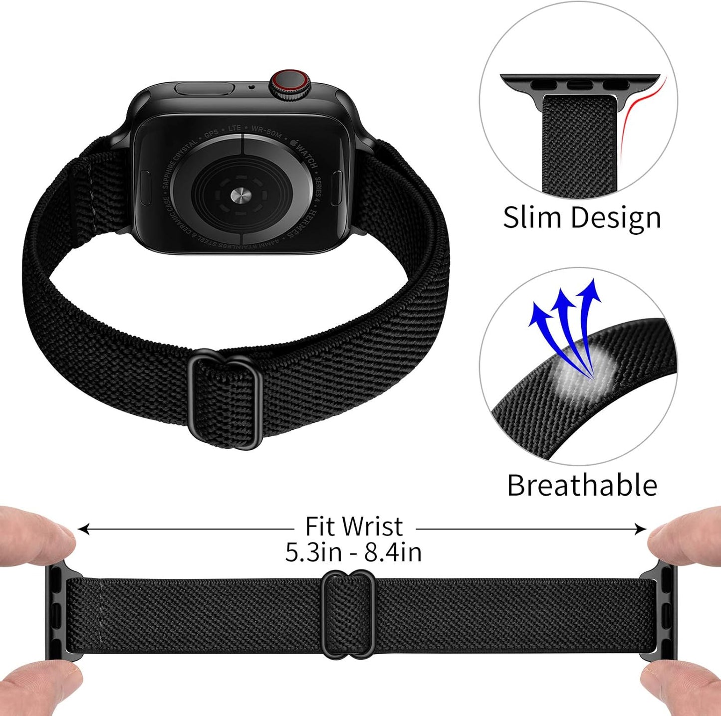 Slim Stretchy Bands Compatible with Apple Watch Band 41Mm 40Mm 38Mm, Women Elastics Nylon Thin Band Strap for Iwatch SE2 SE Series 9 8 7 6 5 4 3 2 1 (Black/Black, 41Mm 40Mm 38Mm)