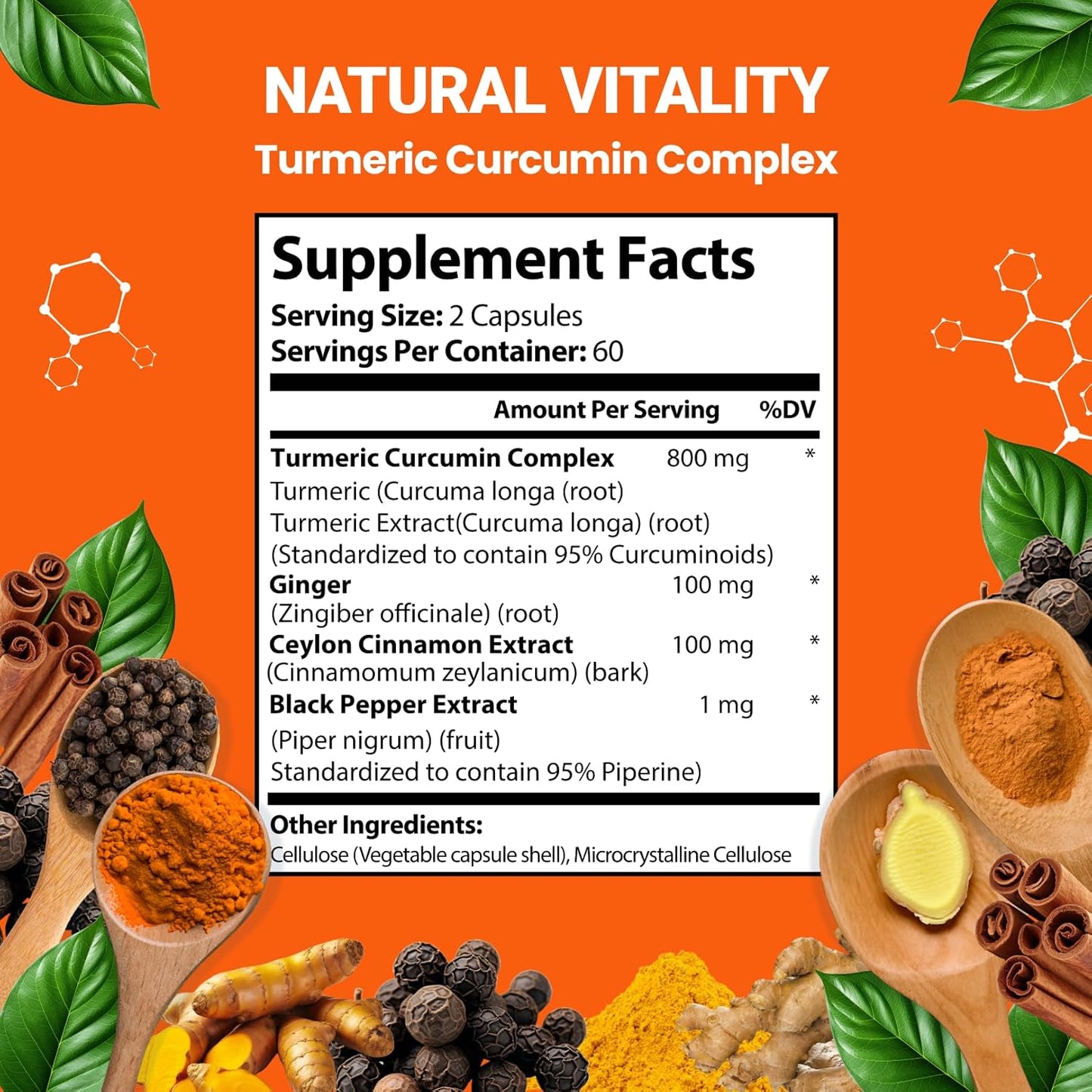 Turmeric Curcumin Supplement with Ginger, Ceylon Cinnamon and Black Pepper Complex 5 in 1 Formula, Curcuma Longa, Max Absorption, 1000 Mg, 120 Herbal Extract Capsules TLBH