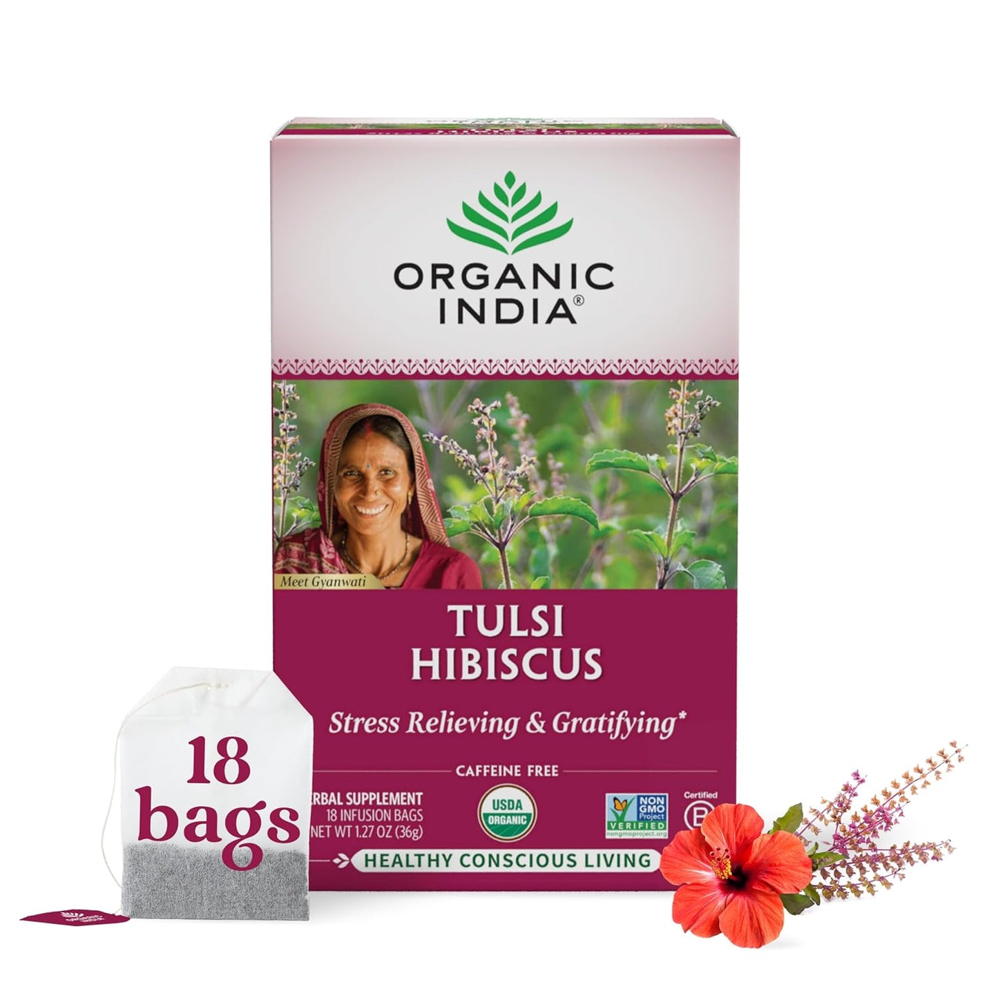 Tulsi Green Tea Bags - Holy Basil Tea, African Basil, Stress Relieving, Immune Support, USDA Certified Organic, Premium Darjeeling Green Tea, Caffeinated - 18 Infusion Bags, 1 Pack TLBH