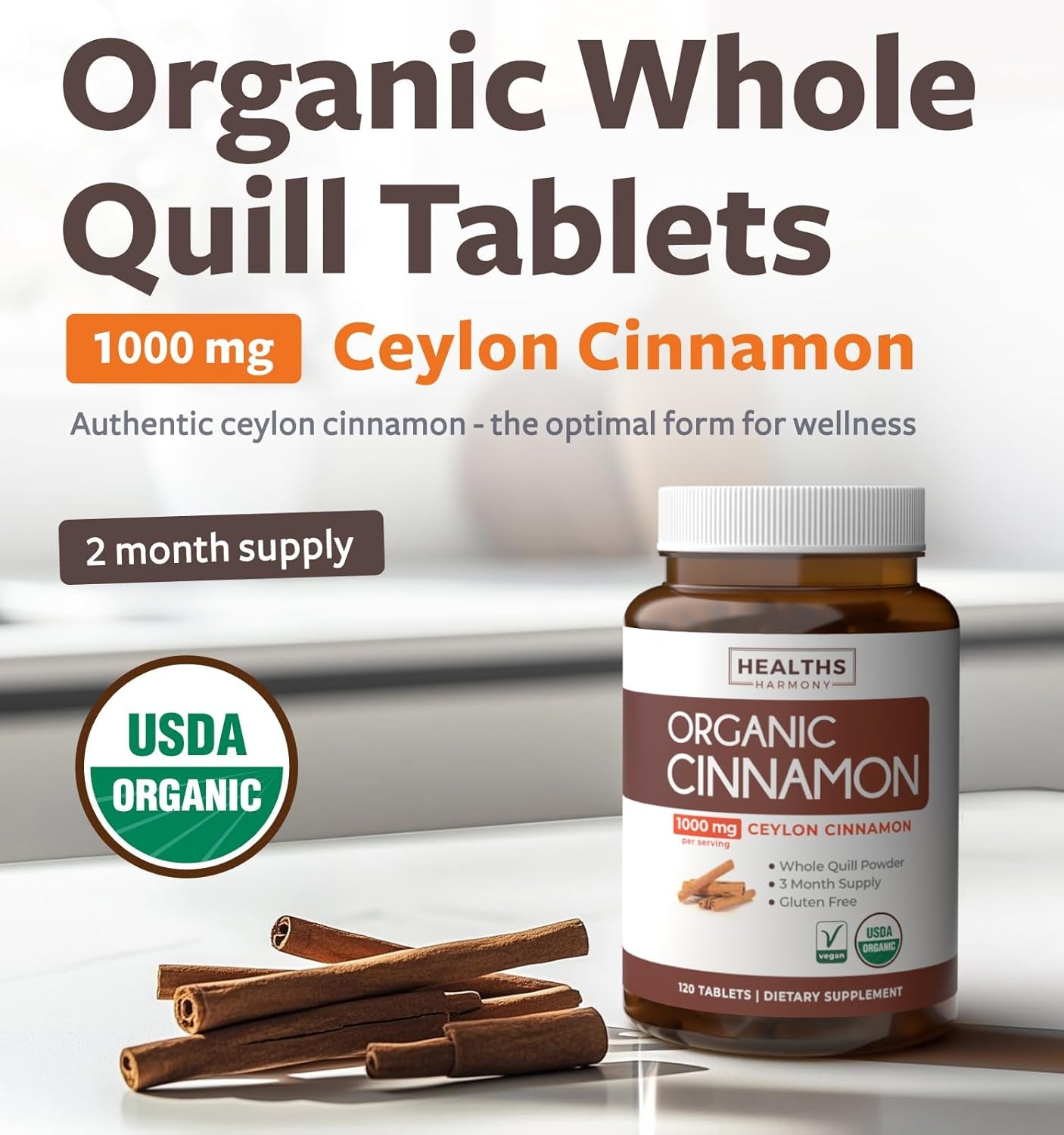 USDA Organic Ceylon Cinnamon (120 Tablets) 1000Mg Cinnamon Quill Powder per Serving - Natural Cinnamon Supplements for Effective Metabolism, Cognative, Joint, Immune Support - (No Capsules or Pills) TLBH