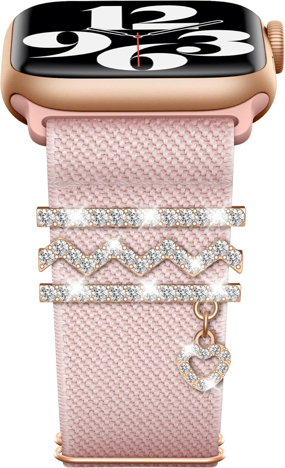 Decorative Rings Loop Charms Nylon Watchband Compatible with Apple Watch 38 40 41 42 44 45 49Mm, Metal Diamond Accessories Slide Elastic Strap for Iwatch Ultra 2/1 SE Series 9 8 7 6 5 4 3 2 1 (Include Band)
