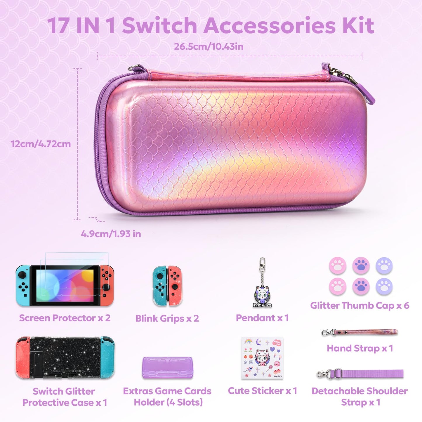 Switch Case for NS Switch, Innoaura 17 in 1 Switch Accessories Bundles with Switch Carrying Case, Switch Game Case, Switch Protective Case, Switch Screen Protector, Switch Thumb Caps (Mermaid Pink)