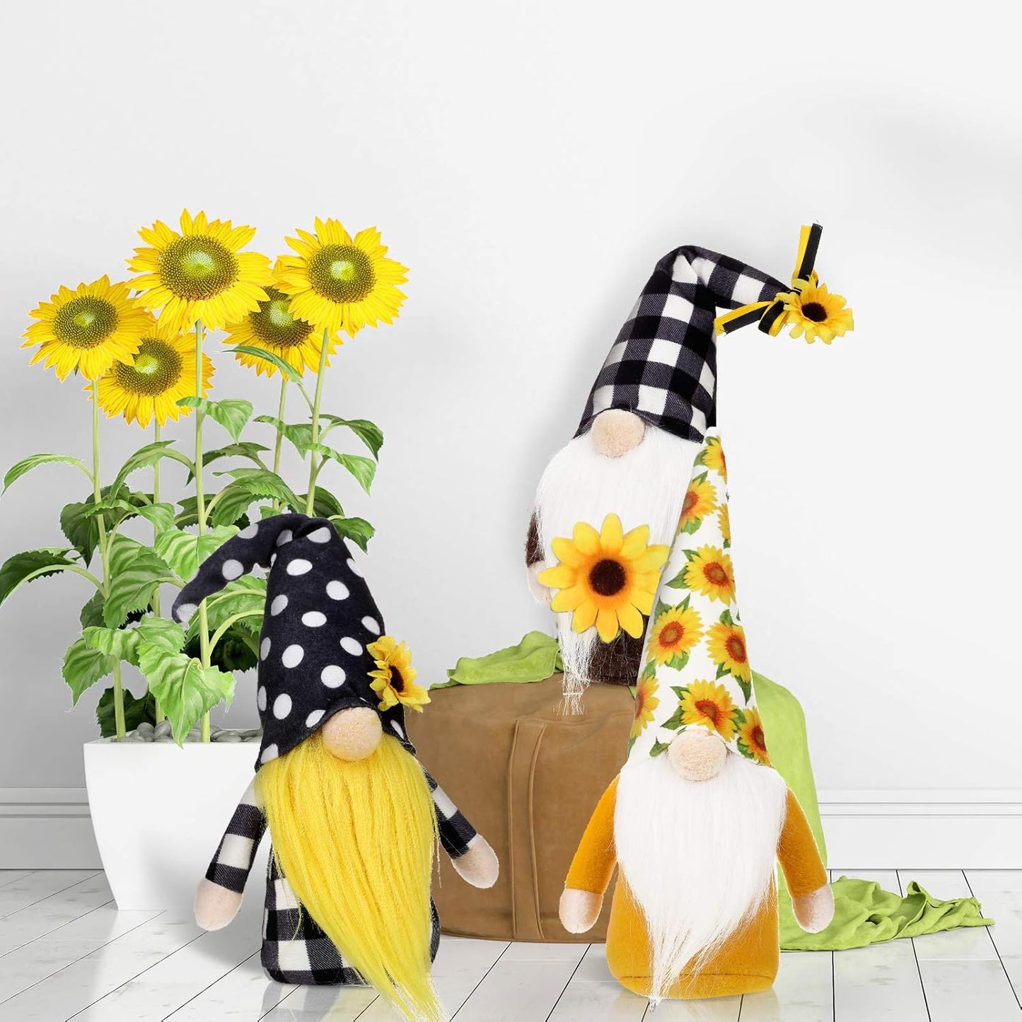 3 Pieces Fall Sunflower Swedish Gnomes Decor Sunflower Buffalo Plaid Rustic Tiered Tray Decorations Plush Tiered Tray Gnomes Ornaments for Home Garden Kitchen Decor