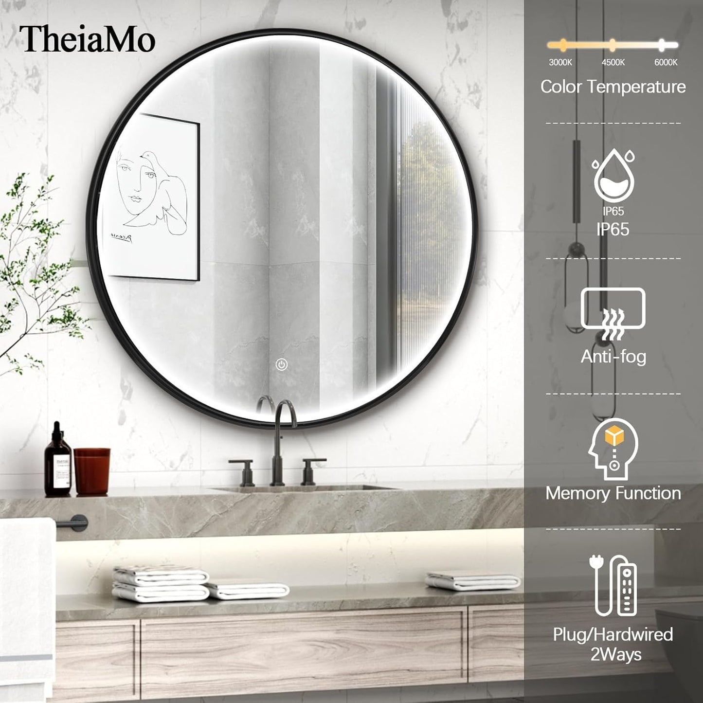24 Inch round LED Bathroom Mirror, Circle Frame Recessed Light Strip Design Modern Vanity Mirror, Anti-Fog Smart Mirror with Stepless Color Temperature Adjustable 3000-6000K, Black