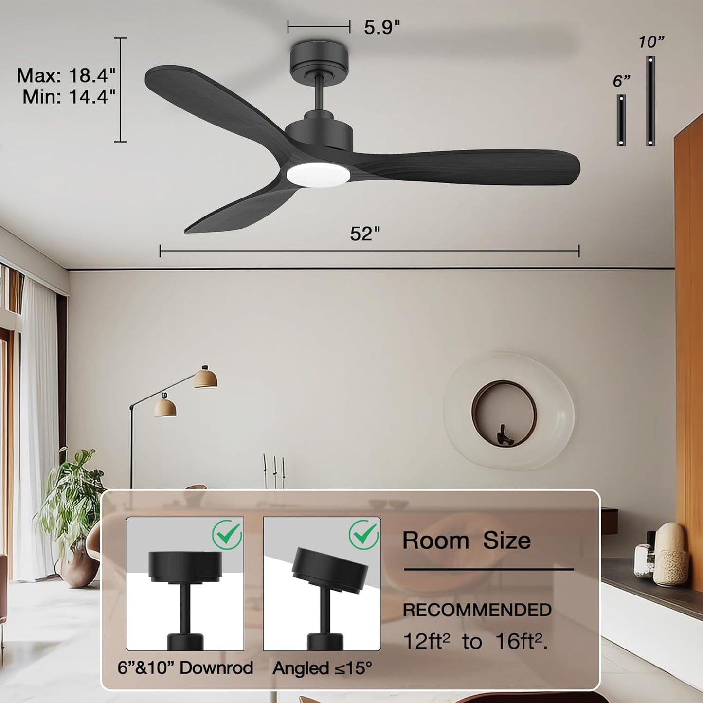 52” Wood Smart Ceiling Fans with Lights Remote,Quiet DC Motor,Outdoor Indoor Ceiling Fan,Voice Control via WIFI Alexa App,Dimmable,Modern Black Ceiling Fan for Bedroom Patio Porch