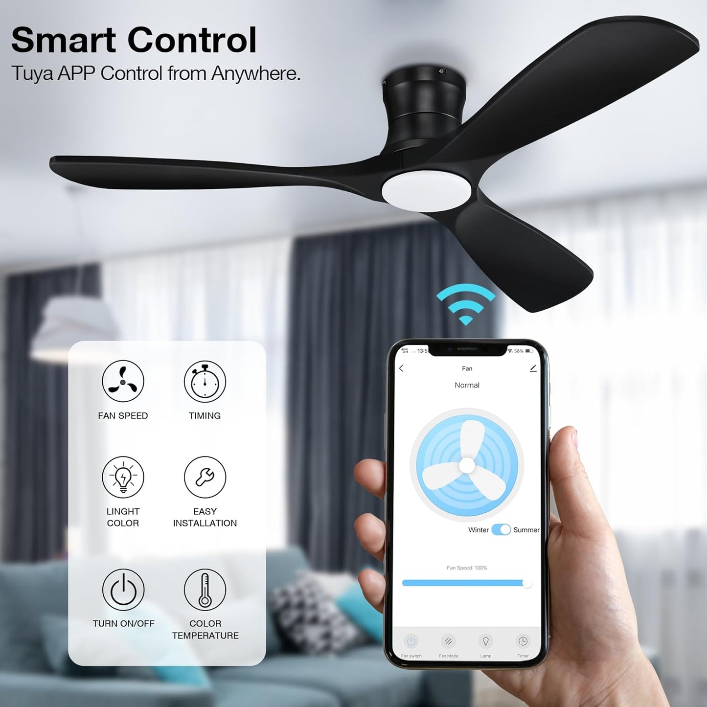 52” Smart Wood Low Profile Ceiling Fan with Lights Remote,Quiet DC Motor,Outdoor Indoor Flush Mount Ceiling Fans Controlled by WIFI Alexa App,Modern Black for Bedroom Living Room Patio Porch