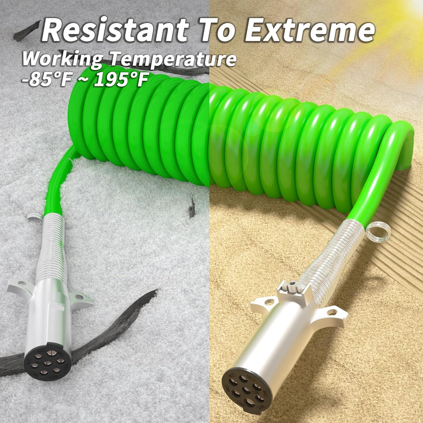 7 Way Coiled Trailer Cord 15 FT ABS Heavey Duty, Flexible -85°F Cold Resistance Electrical Power Cable Green for Semi Trailers Trucks Tractors, 4/12+2/10+1/8 Gauge Wire Cable TRUCK DRIVER