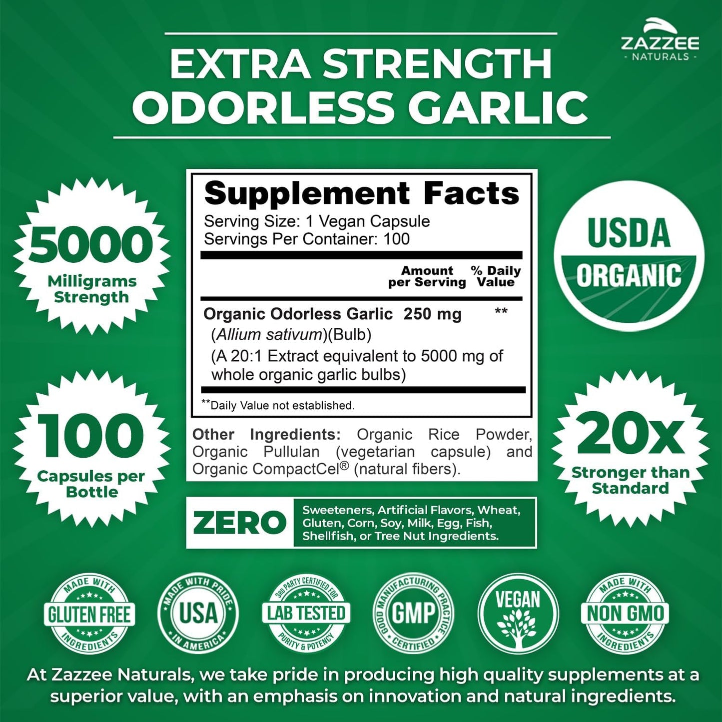 USDA Organic Odorless Garlic 20:1 Extract, 5000 Mg Strength, 100 Vegan Capsules, 3+ Month Supply, Standardized, Concentrated 20X Extract, 100% Vegetarian, All-Natural, Non-Gmo, Made in the USA TLBH