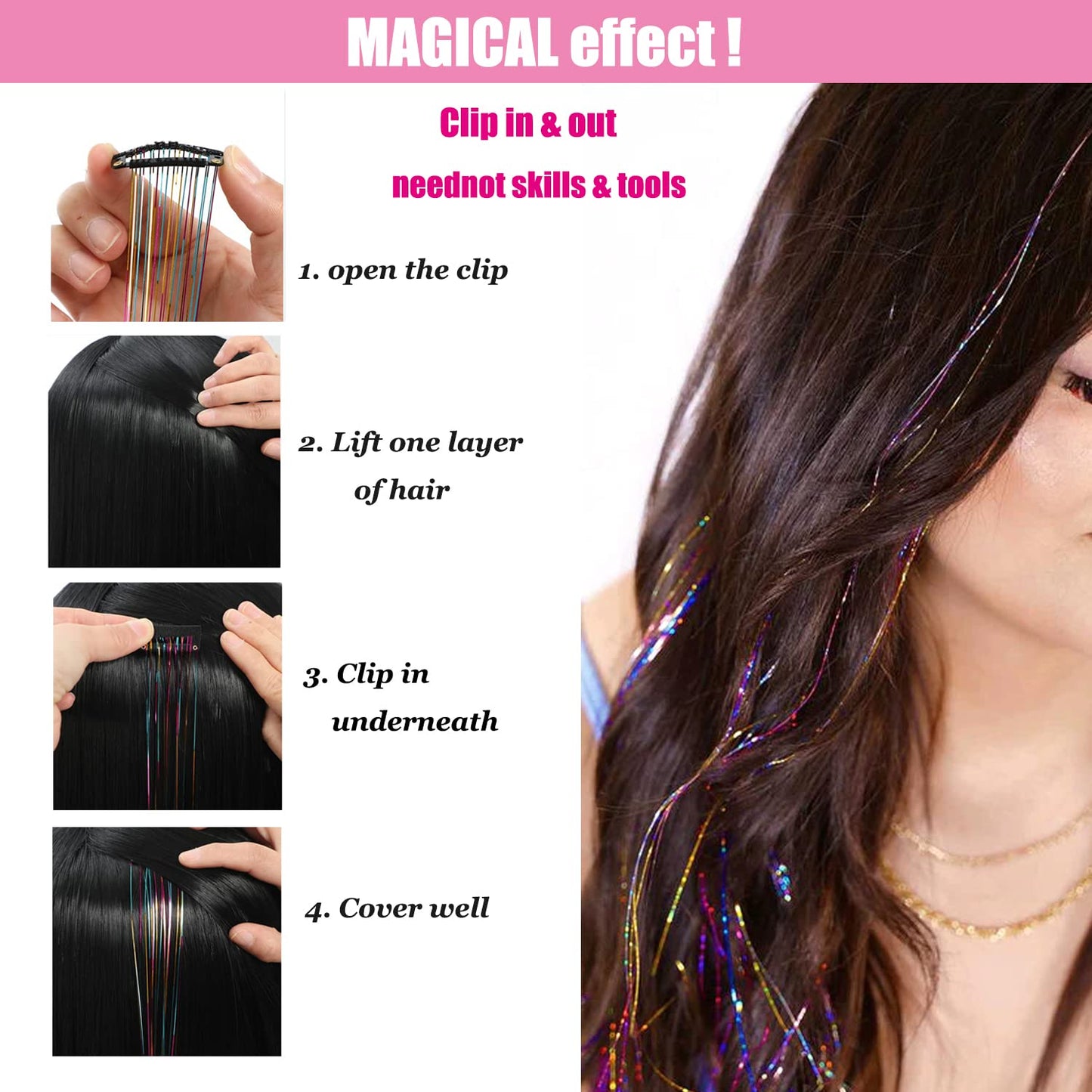 12Pcs Hair Tinsel Clip in 19.6Inch Glitter Tinsel Hair Extensions Clip in Hair Tinsel Kit Heat Resistant Shiny Sparkle Fairy Hair Accessories for Women Girls Kids (Mixed Color)