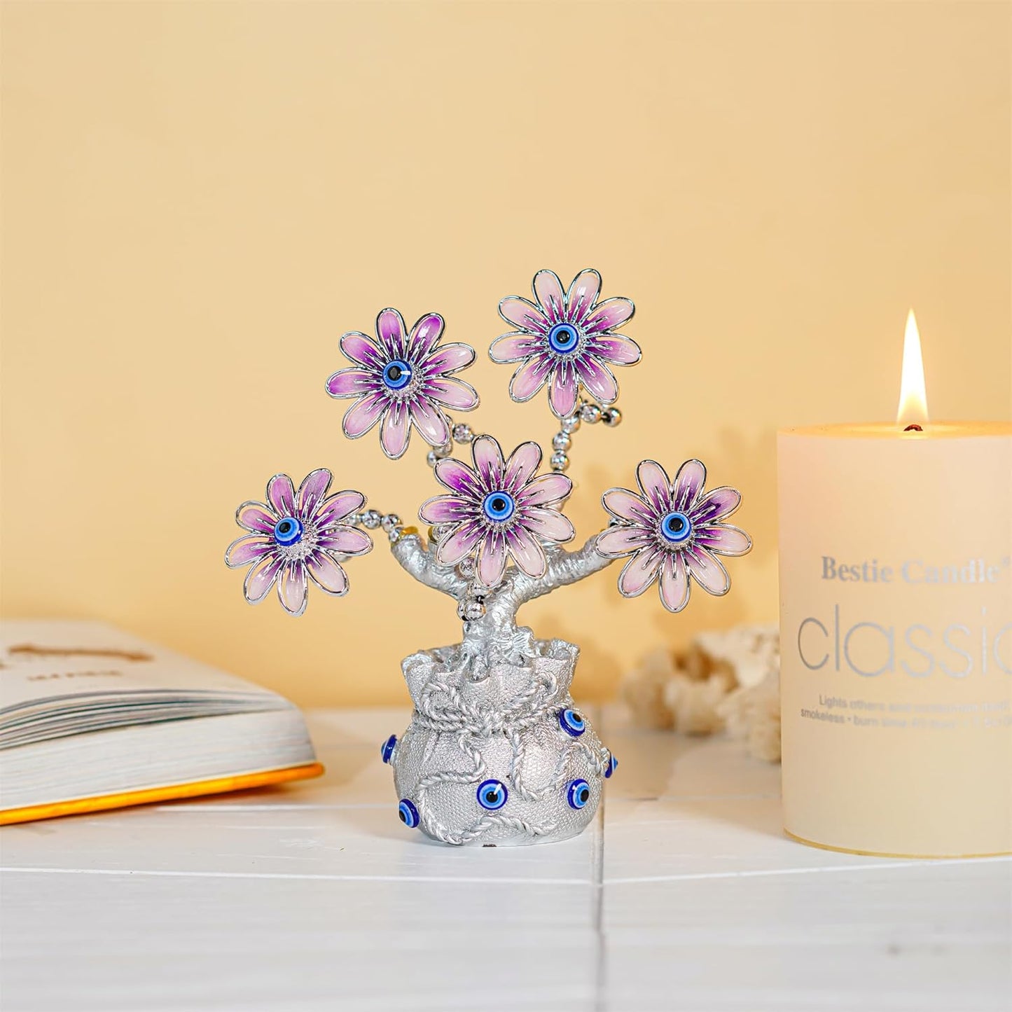Turkish Blue Evil Eye Pink Flowers Money Fortune Tree with Lucky Bag Vase Protection Good Luck Gift