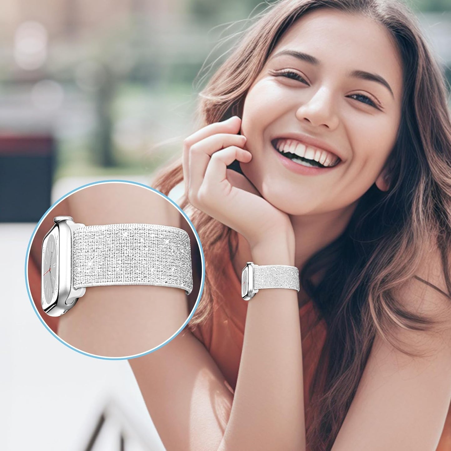 Sparkly Stretchy Nylon Band Fit Bling Apple Watch Bands for Women 42Mm 41Mm 40Mm 38Mm, Elastic Sport Solo Loop Iwatch Bands for Cute Glitter Iphone Watch Band Series 10 9 8 7 6 5 4 3 Se-Silver