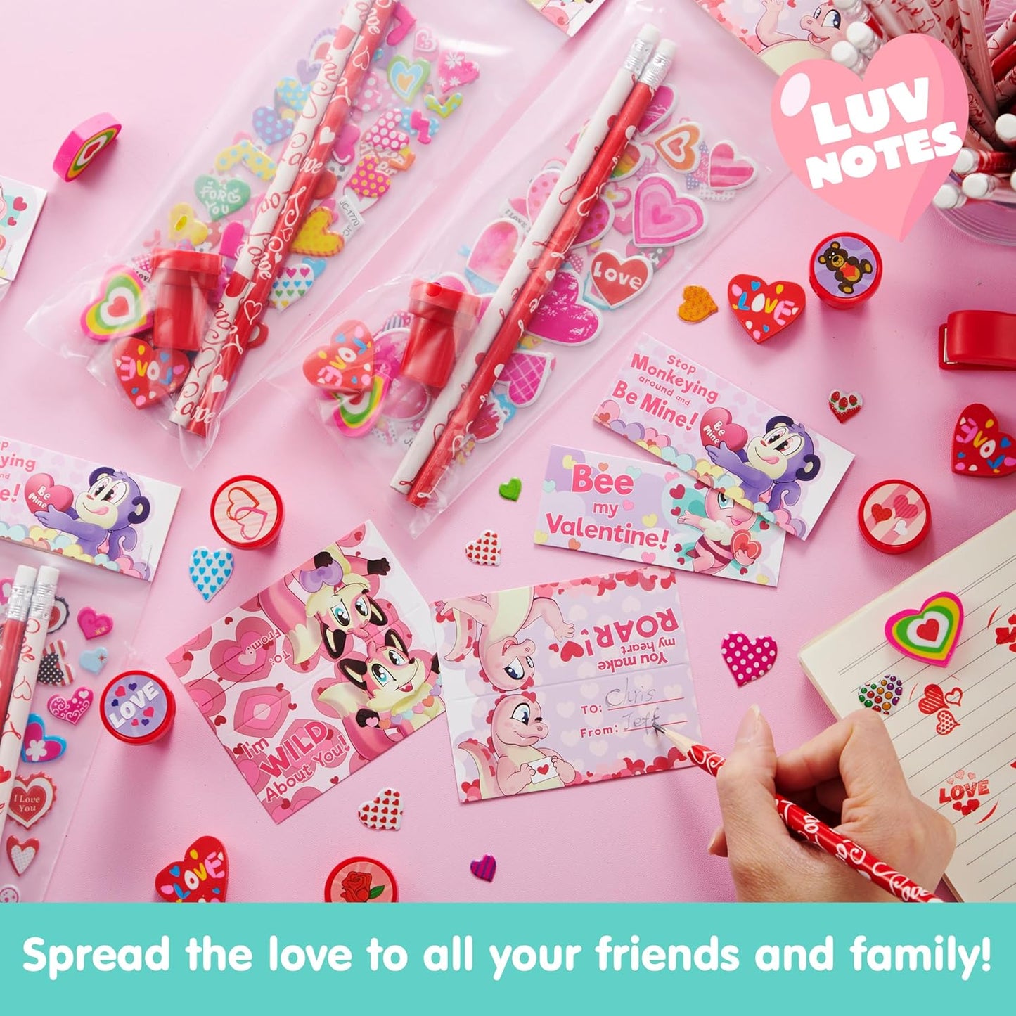 28 Pack Valentines Day Stationery Kids Gift Set for School Classmates Exchange, Party Favor, Includes Pencils, Erasers, Stamper, Stickers