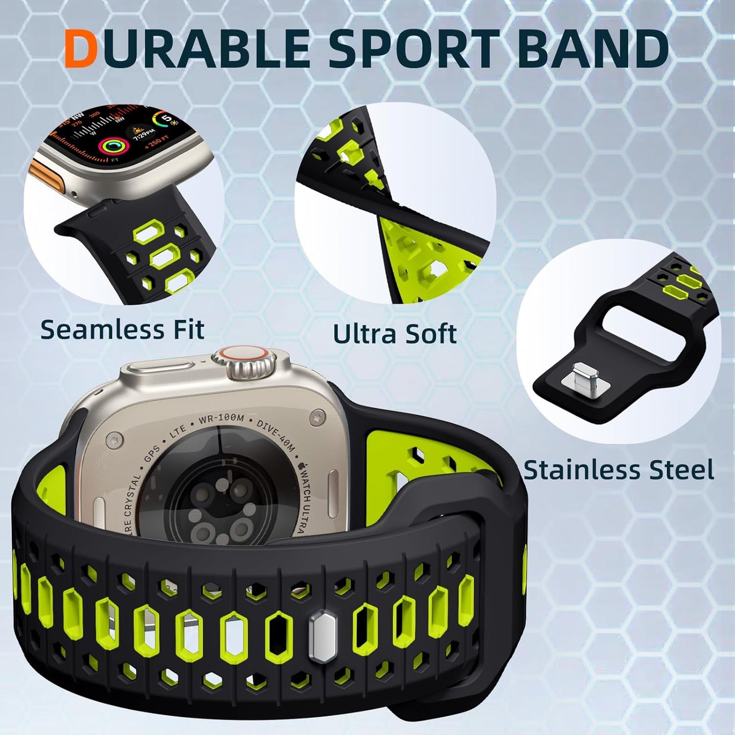 Black & Green 26MM Width Breathable Silicone Sport Band Compatible with 49Mm Apple Watch Ultra 2/1, 46Mm Series 10, 45Mm Series 9 8 7, 44Mm Series 6 5 4 SE 2/1, 42Mm Series 3 2 1