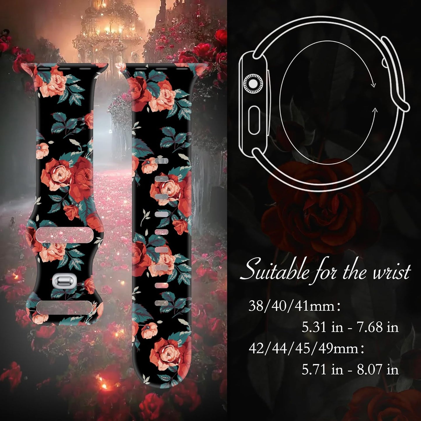 Designer Floral Band Fits 42Mm 44Mm 45Mm 49Mm Apple Watch Bands for Women, Cute Apple Watch Sport Band for Womens, Dressy Bracelet for Iwatch Bands Series 9 Series 8 SE 7 6 5 4 3 2 1-Black