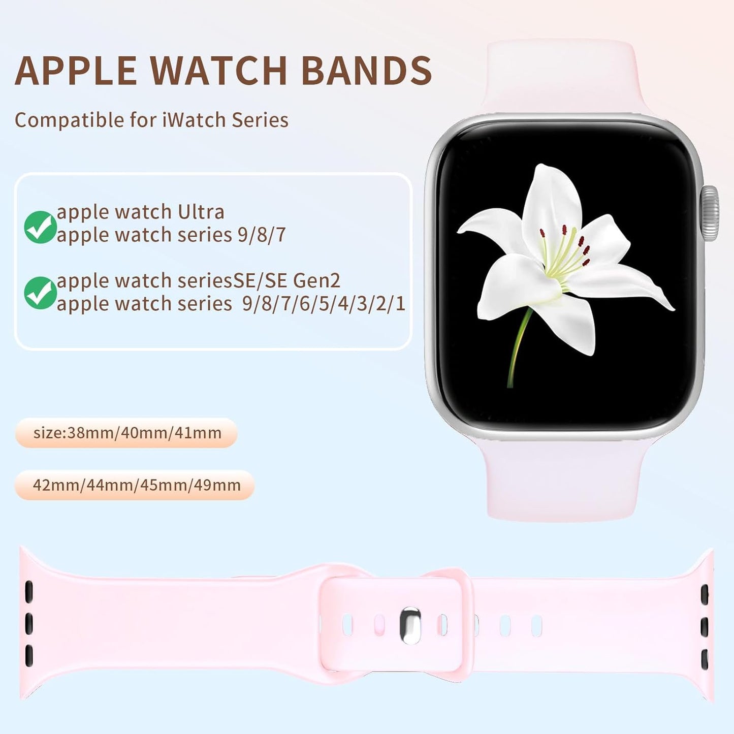 Band Compatible with Apple Watch 38Mm 40Mm 41Mm 42Mm 44Mm 45Mm 49Mm S/M L/M, Replacement Soft Silicone Sport Strap for Iwatch Series Ultra 9/8/7/6/5/4/3/2/1 SE Women Men