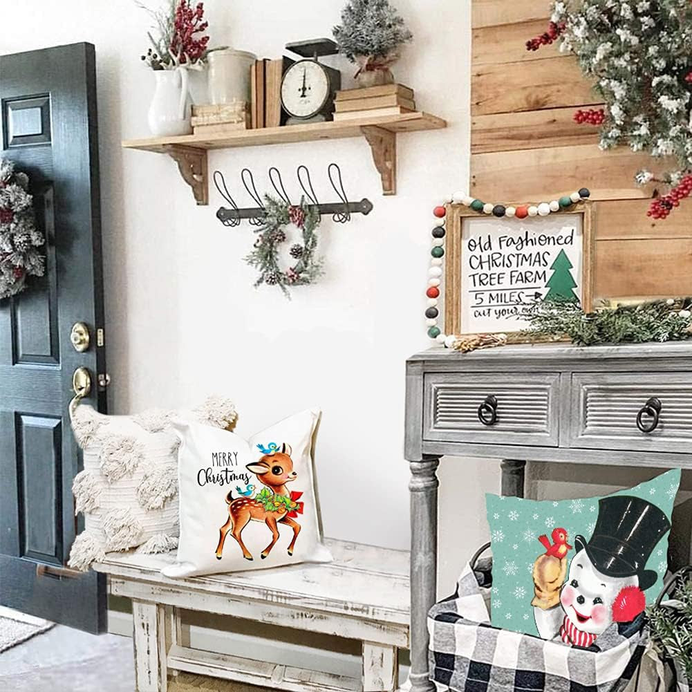Christmas Decorations Pillow Covers 16×16 Set of 4 Snowflake Santa Snowman Deer Bird Candy Cane Xmas Rustic Winter Throw Pillows Farmhouse Christmas Decor Cushion Cases (16"X16")