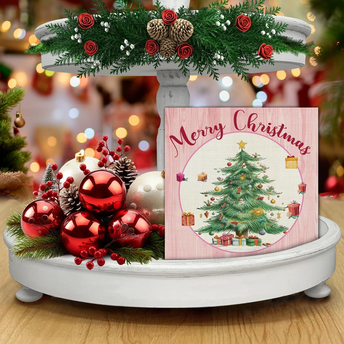 Pink Christmas Decor, Merry Christmas Wooden Sign Home Decor, Christmas Tree Wooden Block Sign, Christmas Decor for Table Shelf 5 X 5 Inch