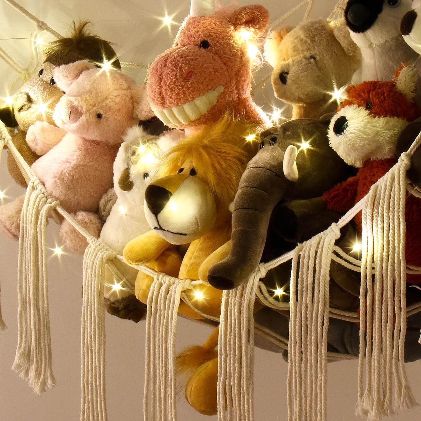 Stuffed Animal Hammock Corner with LED Light - Toy Storage Hammock Plushie Net Large - Cute Stuff Animals Holder Hanging Organizer - Baby Room Decor Kids Toddler Nursery Bedroom Boho