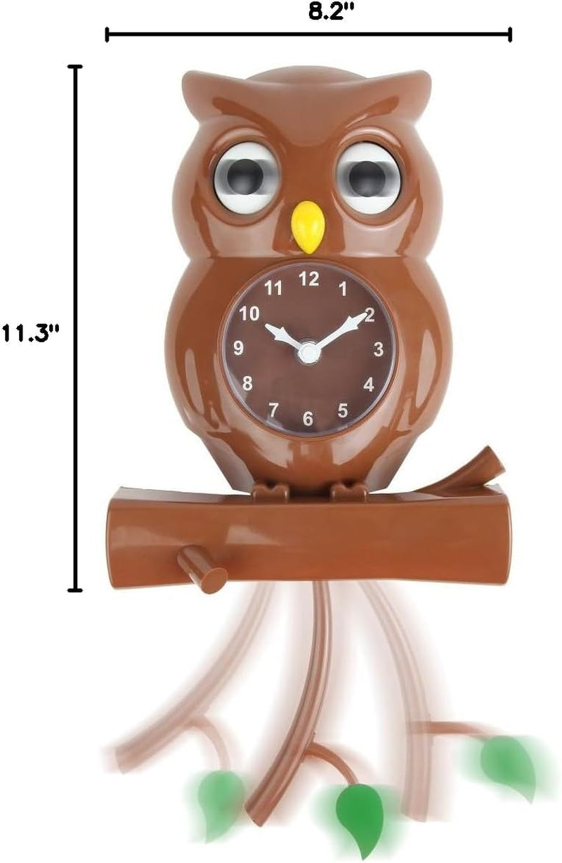 Pendulum Owl Clock with Revolving Eyes and Swinging Branch, Battery Powered and Wall Mountable, Wonderful and Whimsical Addition to Themed Bedroom Décor, Brown (15 Inches)
