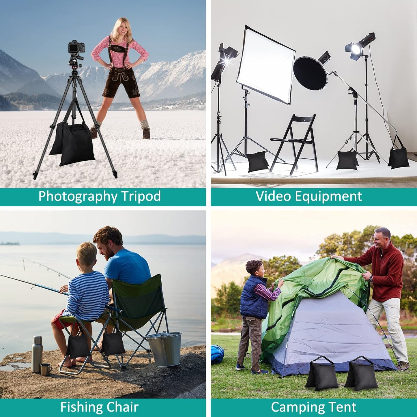 4 Packs Sandbags Weight Bags for Light Stand Photography Video Equipment, Heavy Duty Saddlebag for Backdrop Stand, Photo Tripod, Canopy, Pop up Tent, Umbrella Base, Fishing Chair, Picnic Table