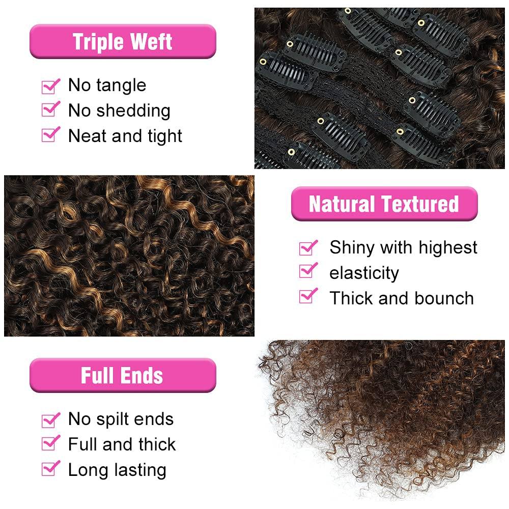 4/30 Kinky Curly 10 Inch 3C 4A Clip in Hair Extensions for Black Women Chocolate Brown Mix Medium Auburn Curly Hair Extensions Clip Ins 10Pcs/Set Full Head 10A Grade