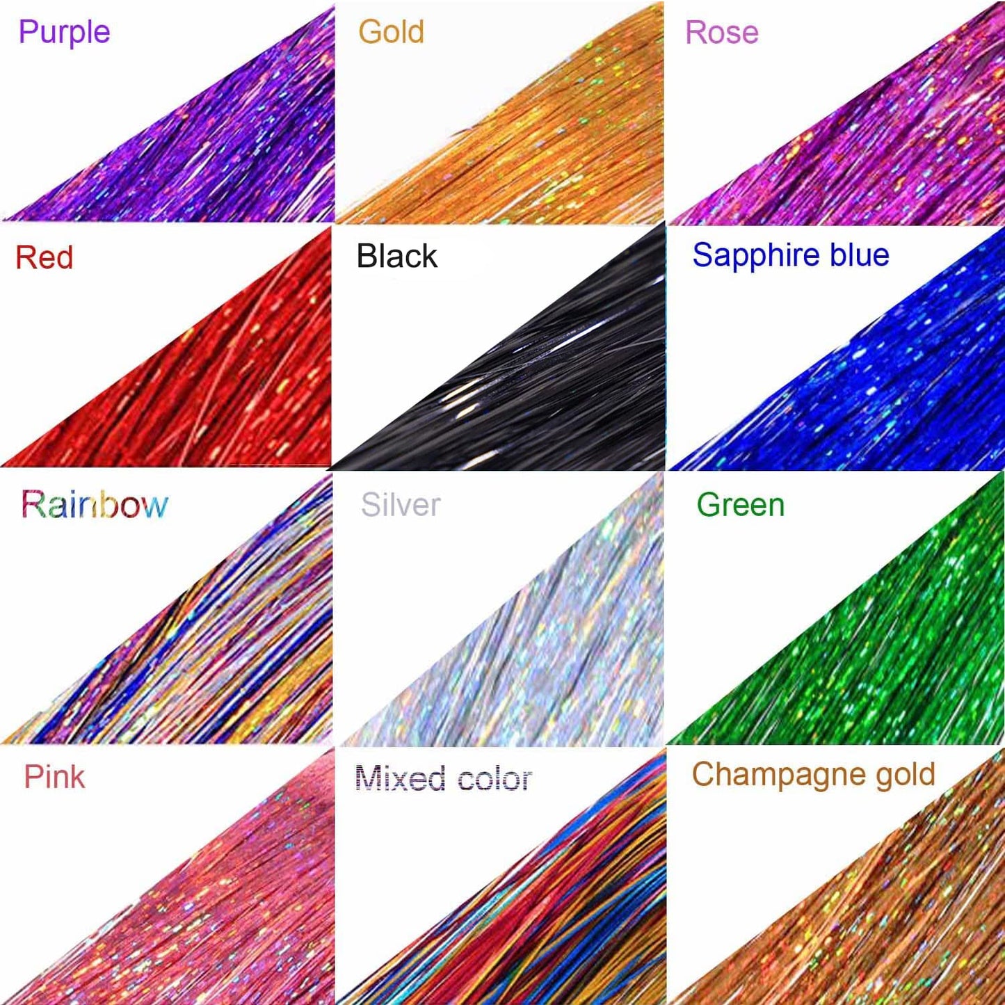 12Pcs Hair Tinsel Clip in 19.6Inch Glitter Tinsel Hair Extensions Clip in Hair Tinsel Kit Heat Resistant Shiny Sparkle Fairy Hair Accessories for Women Girls Kids (Black)