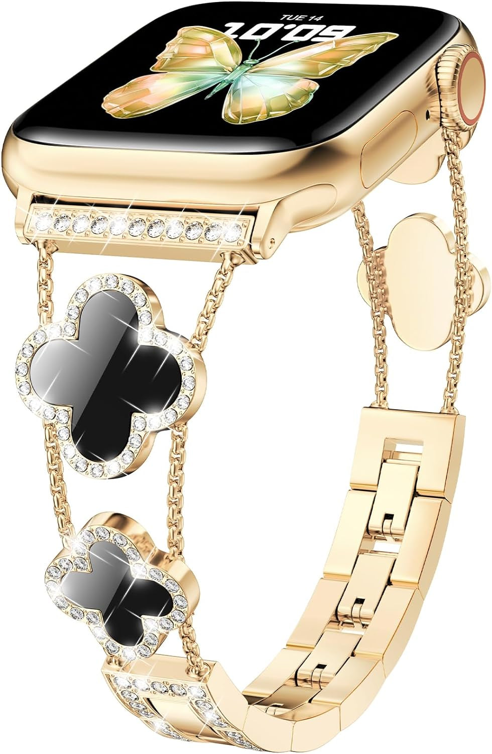 Bling Womens Band Compatible with Apple Watch Band 40Mm 41Mm 38Mm Series 9 8 7 6 5 4 3 2 1 SE, Sparkle Diamond Replacement Bracelet Wristband, Cute Lucky Clover Dressy Iwatch Band,Gold/Black