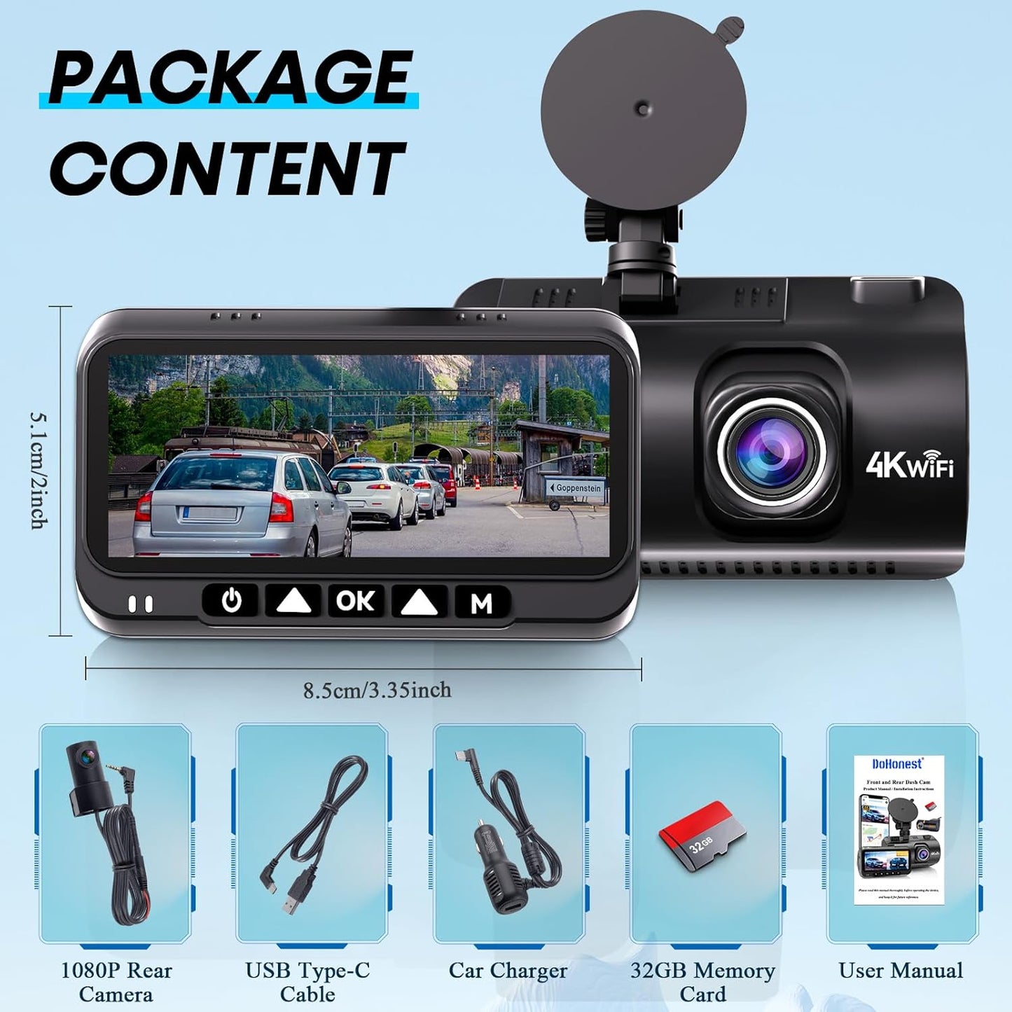 Dash Cam Front and Rear: 4K Easy Setup Car Camera Built-In GPS 5G Wifi - Clear Night Vision Dash Camera with 3.16" Screen 24H Parking Mode USB Powered