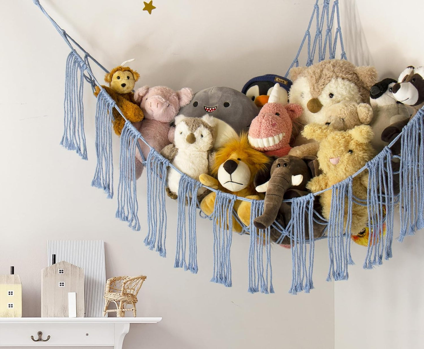 Stuffed Animal Hammock Corner with LED Light - Toy Storage Hammock Plushie Net Organizer - Teddy Bear Stuffy Hammock - Cute Blue Things for Bedroom - Wall Ceiling Hanging Decor