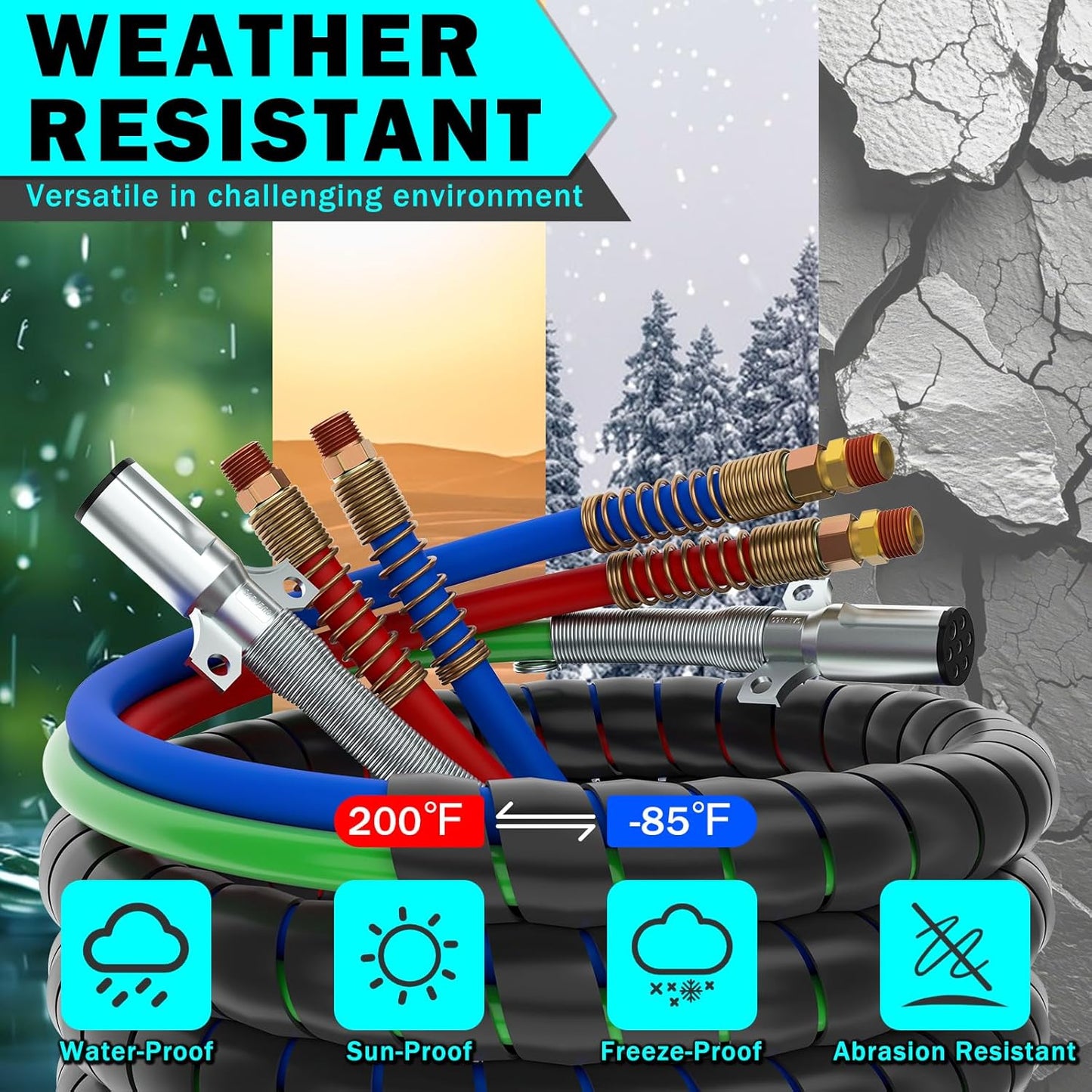 15FT Semi Truck Air Line Kit with Gladhand Holder and Springs Kit Red & Blue Air Brake Hoses and 7 Way Trailer Cord 3-In-1 Air Lines Set for Semi Truck Trailer Tractor
