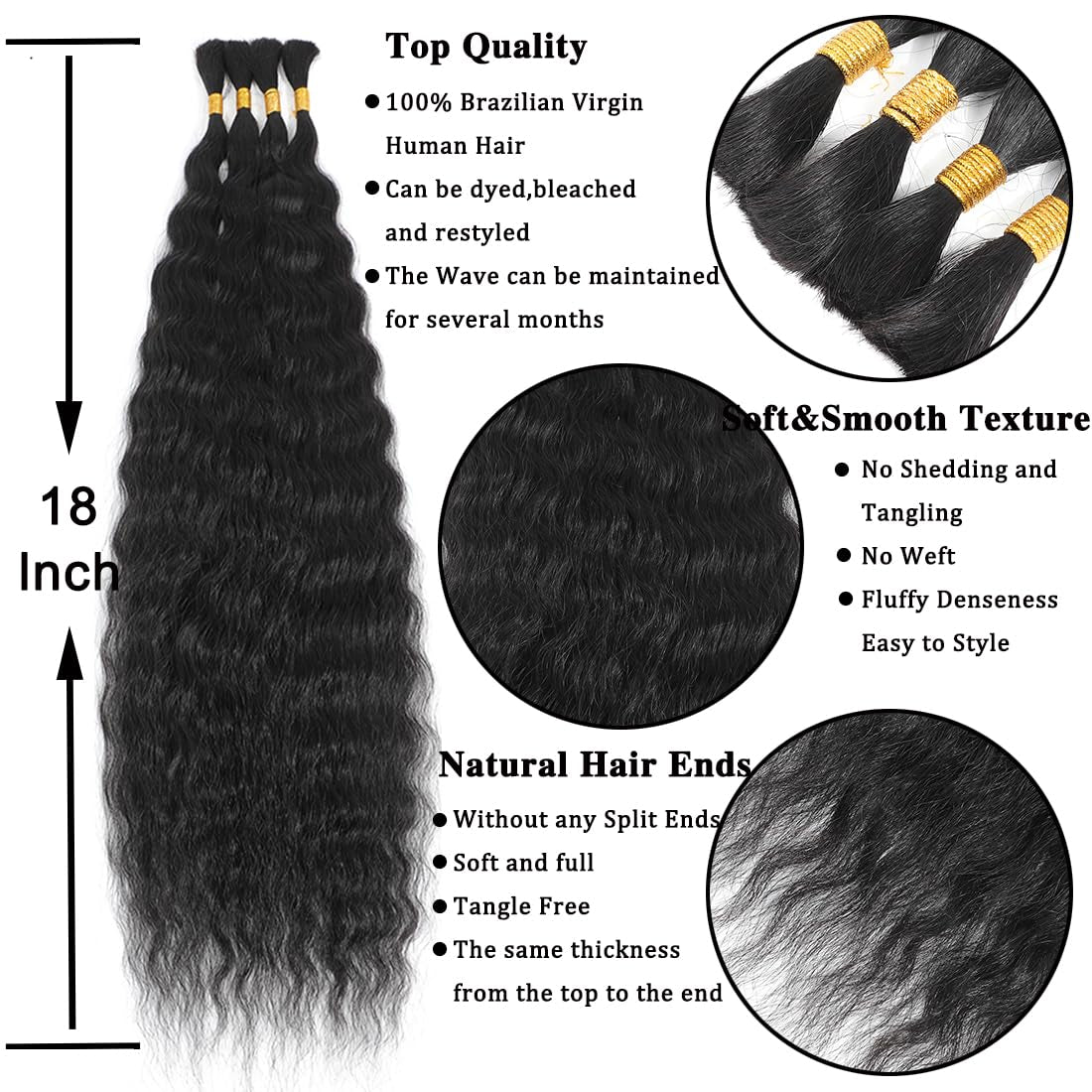 Super Wave Bulk Human Hair 100% Unprocessed Brazilian Virgin Human Hair Extensions Bundles for Braiding Hair Wet and Wave Micro Human Hair(1Pack-4Pcs, 18Inch Natural Black)