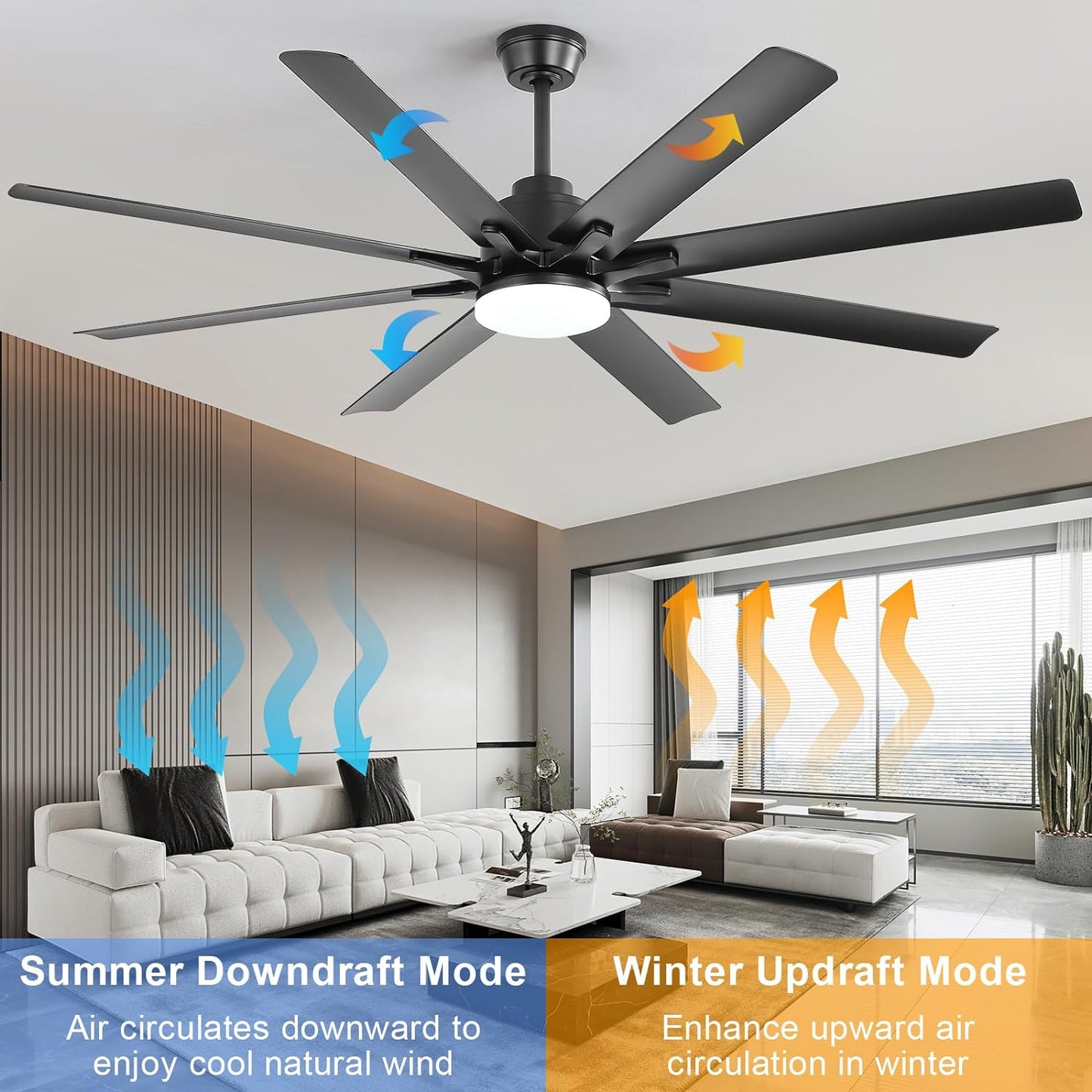 66 Inch Black Ceiling Fans with Lights and Remote, Indoor Outdoor Mordern Smart Ceiling Fan with Reversible Quiet DC Motor, 6 Speed, 8 Blades for Living Room Bedroom Patios Balcony