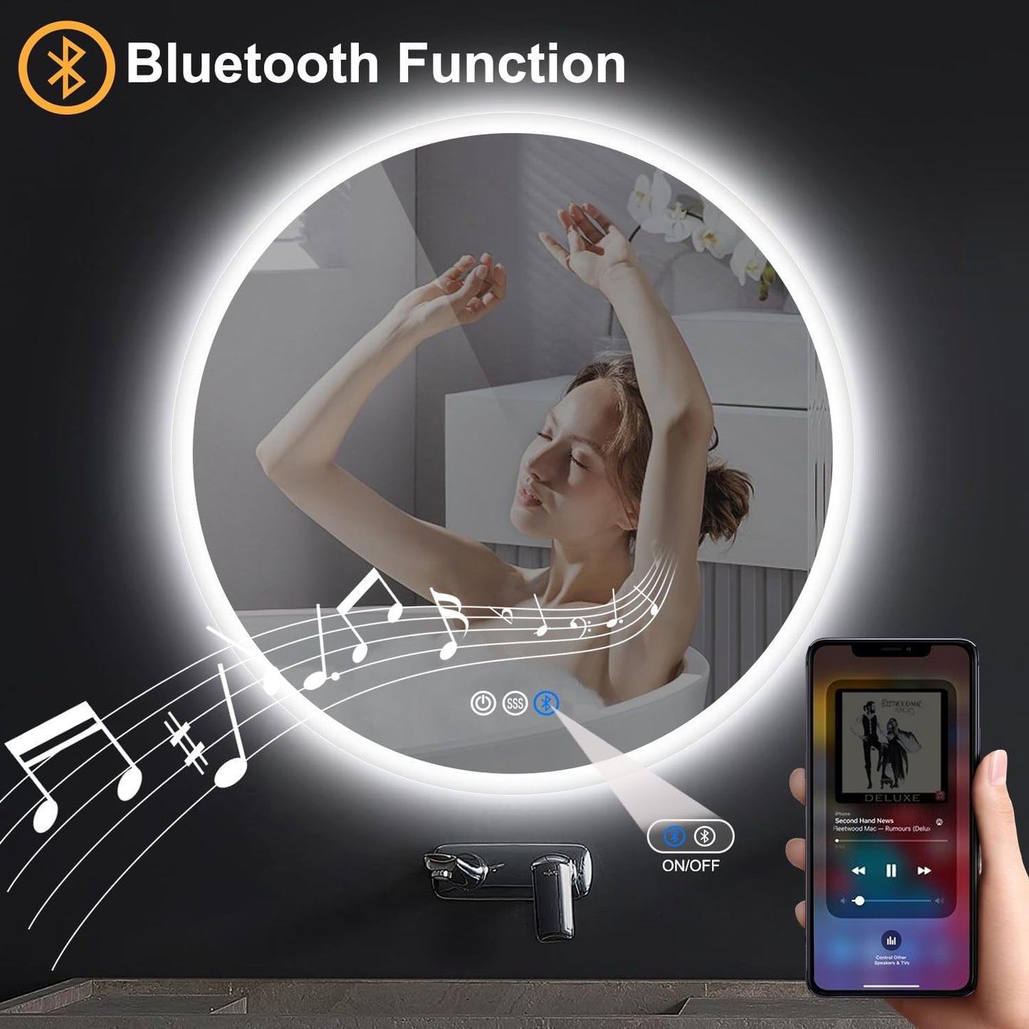 S·BAGNO 24’’ round Led Bathroom Mirror with Lights, Backlit and Front Lighted, Anti-Fog Wall-Mounted Vanity Mirror 3000K/4000K/6500K, Dimmable inside Bluetooth Speaker Smart Mirror