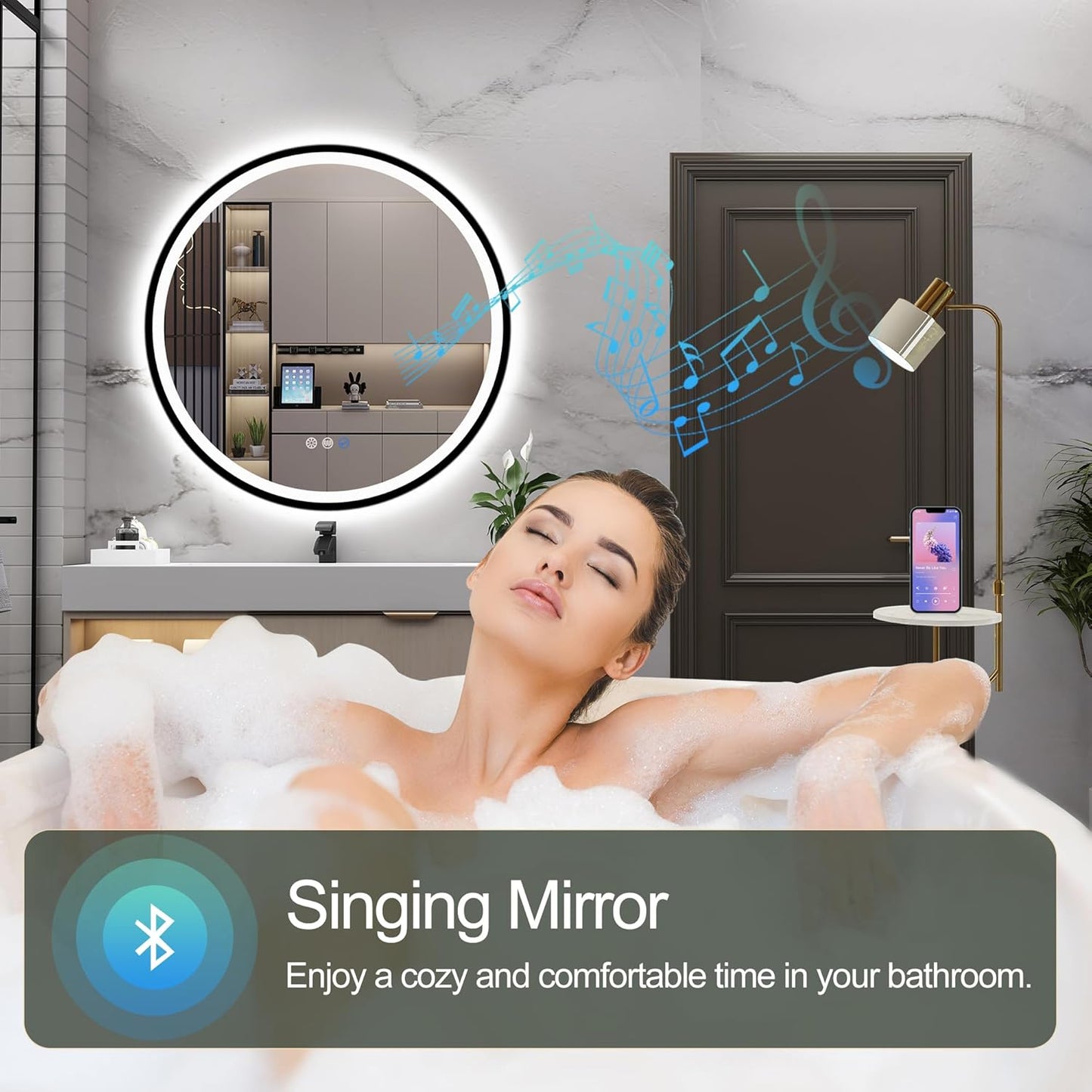24’’ round Led Bathroom Mirror with Lights, Backlit and Front Lighted, Anti-Fog Wall-Mounted Vanity Mirror 3000K/4000K/6500K, Dimmable, inside Bluetooth Speaker, Smart Mirror