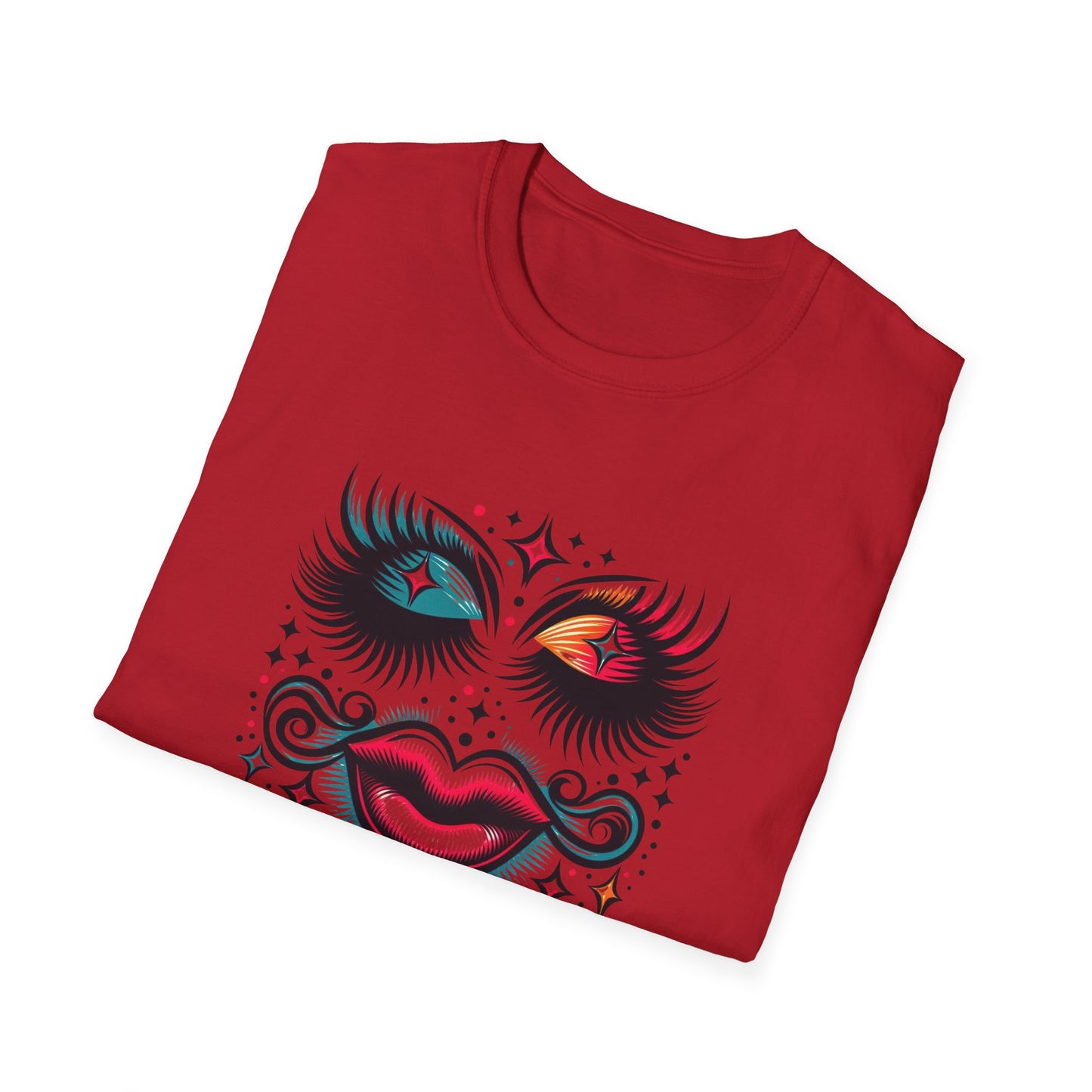 LASHES Vibrant Face Graphic T-Shirt - Unisex Softstyle Tee for Festivals & Celebrations