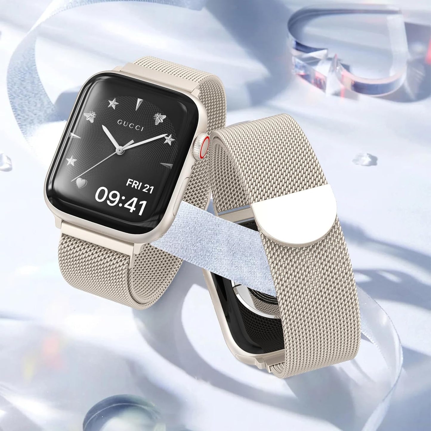 2 Pack Stainless Steel Mesh Loop Compatible with Apple Watch Band 38Mm 40Mm 41Mm 42Mm Series 10 Women Men, Magnetic Clasp Replacement Strap for Iwatch -Rose Gold+ Starlight