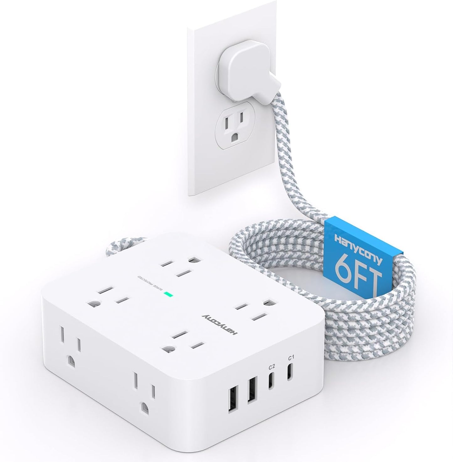 Surge Protector Power Strip - 8 Outlets with 4 USB (2 USB C) Charging Ports, Multi Plug Outlet Extender, 5Ft Braided Extension Cord, Flat Plug Wall Mount Desk USB Charging Station for Home Office ETL