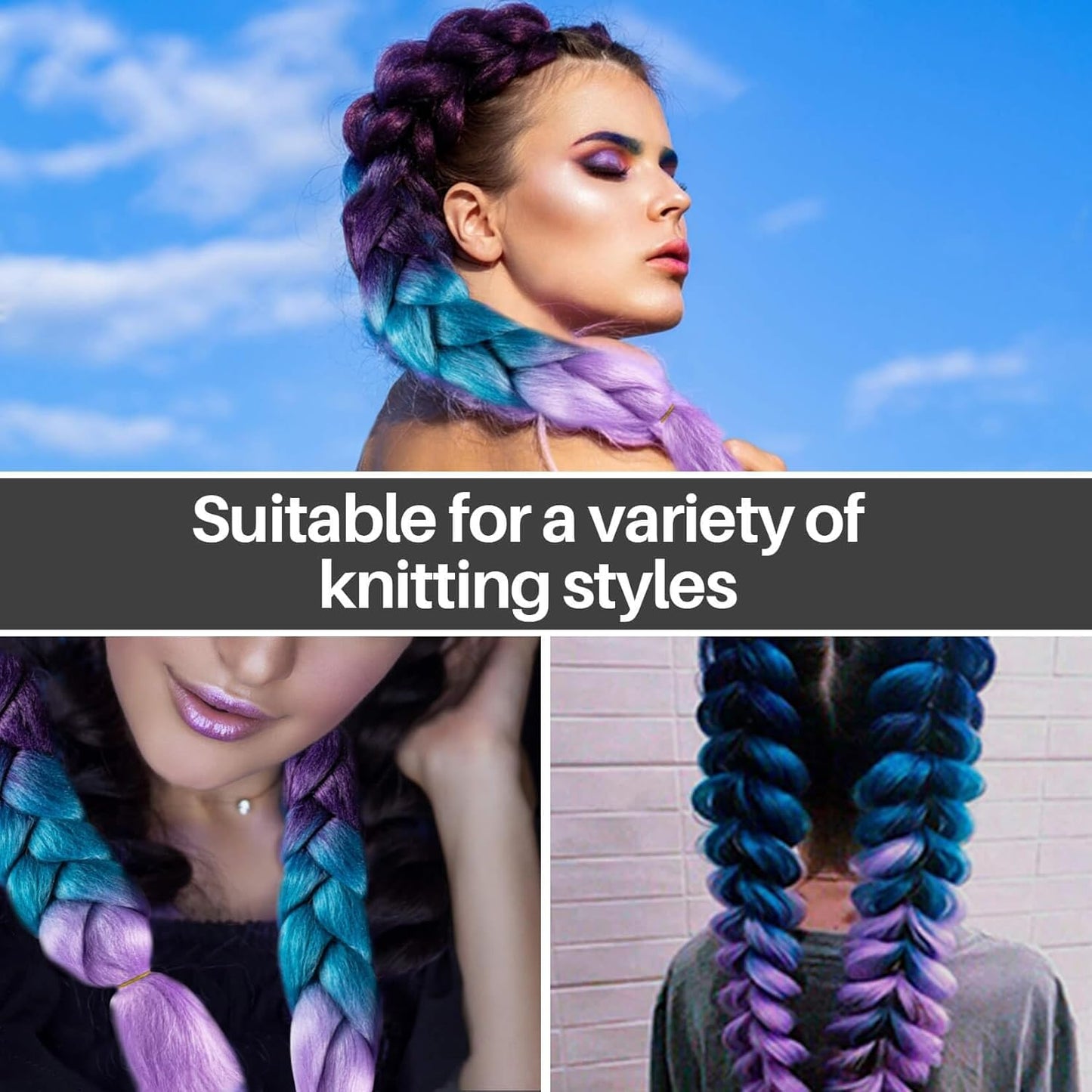 2 Pack Jumbo Braiding Hair - 24Inch Purple-Lake Blue-Light Purple Braiding Hair Synthetic Hair Extensions Rainbow Braiding Hair High Temperature Synthetic Braiding Hair Wedding Makeup Styling