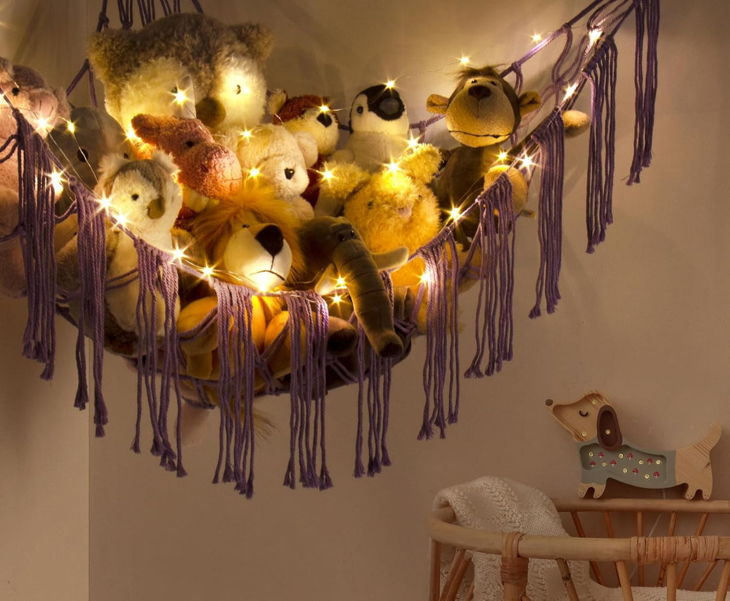 Stuffed Animal Hammock Corner with LED Light - Toy Storage Hammock Plushie Net Organizer - Teddy Bear Stuffy Hammock - Purple Nursery Decor Baby Kids Bedroom Nursery Furniture