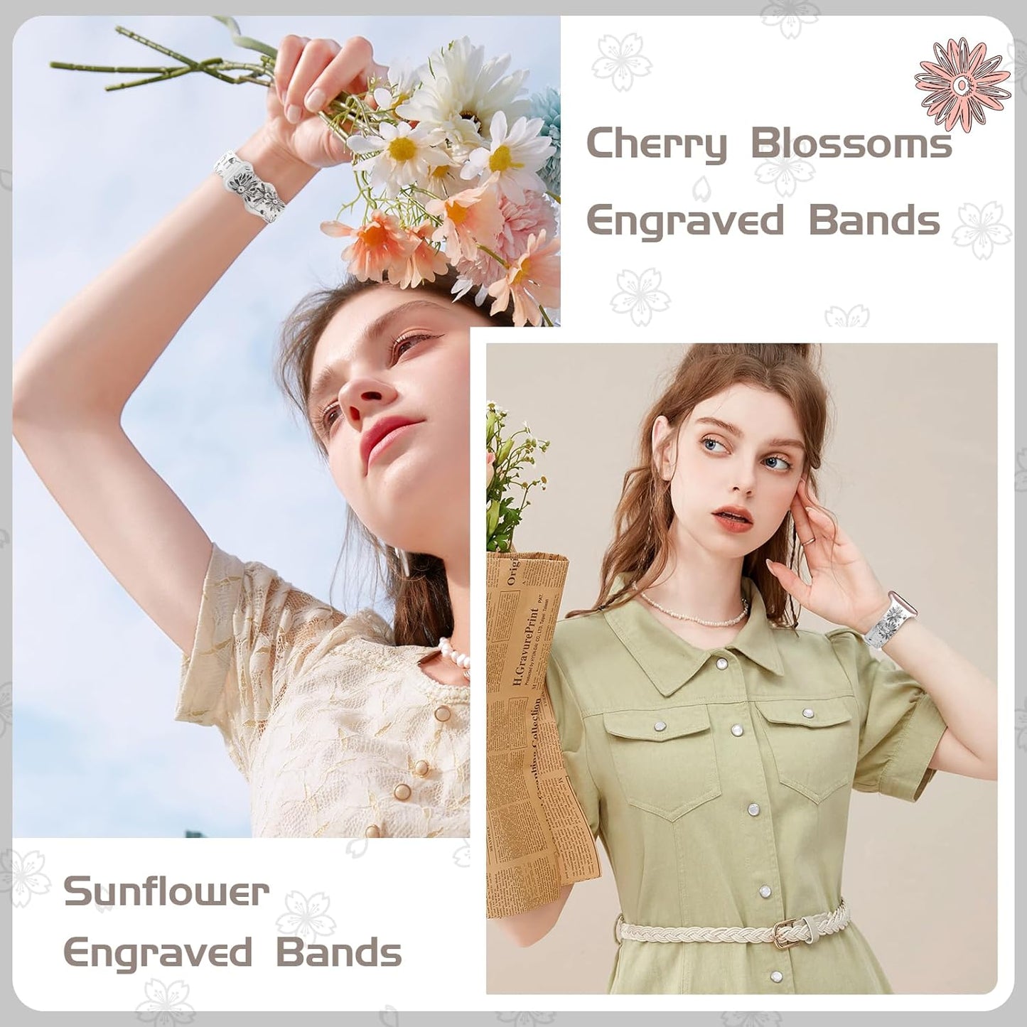 Designer Floral Engraved Band Compatible with Apple Watch Bands 40Mm 38Mm 41Mm 42/45/49Mm,Two-Tone Flower Soft Silicone Sport Strap for Iwatch Series 9 Ultra SE 8 7 6 5 4 3 2 Girl Black