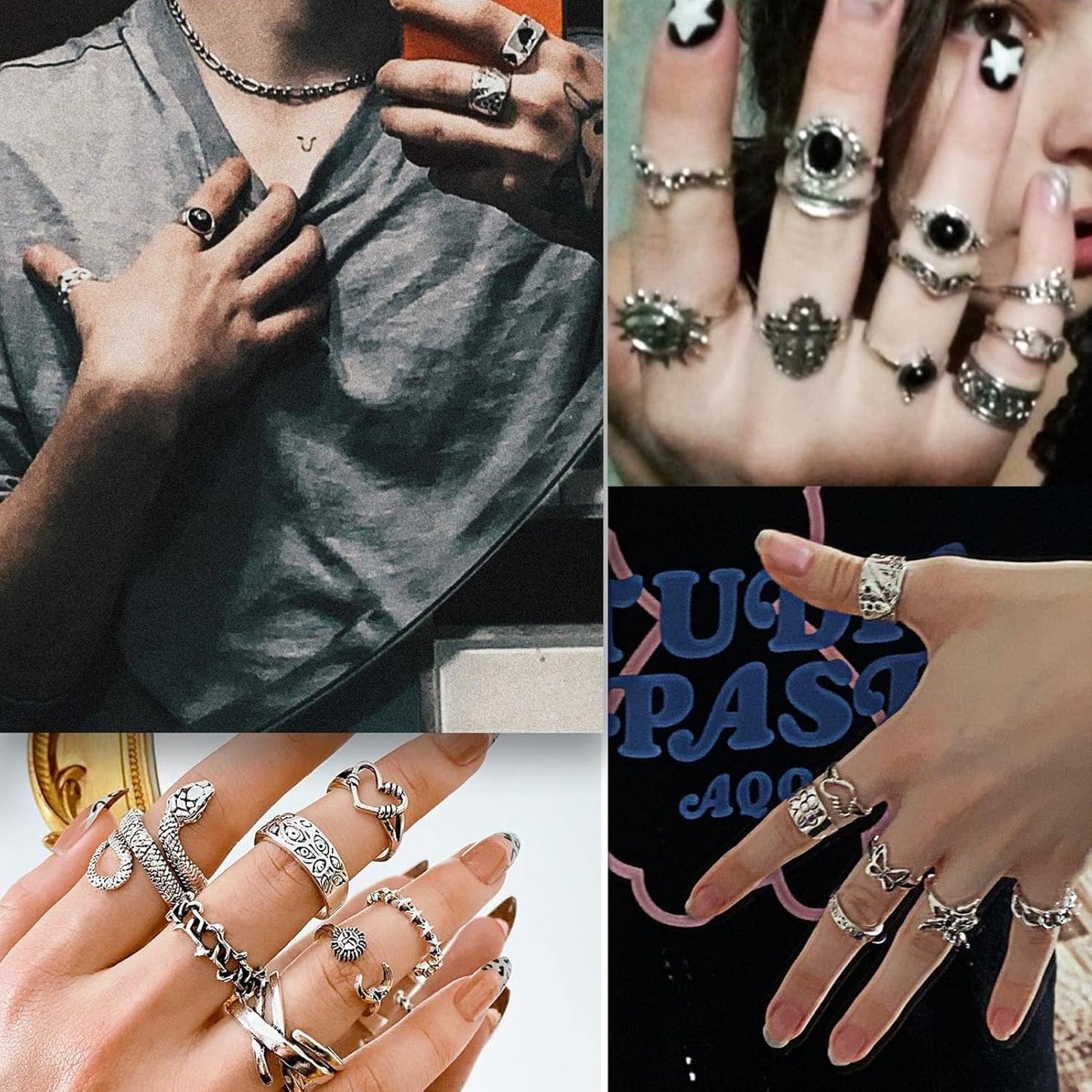 26-35 Pcs Vintage Silver Knuckle Rings Set for Women Men, Grunge Gothic Rings Chunky Aesthetic Snake Stackable Adjustable Punk Bulky Finger Alt Fairy Skull Frog Heart Star Flower Midi Ring Pack