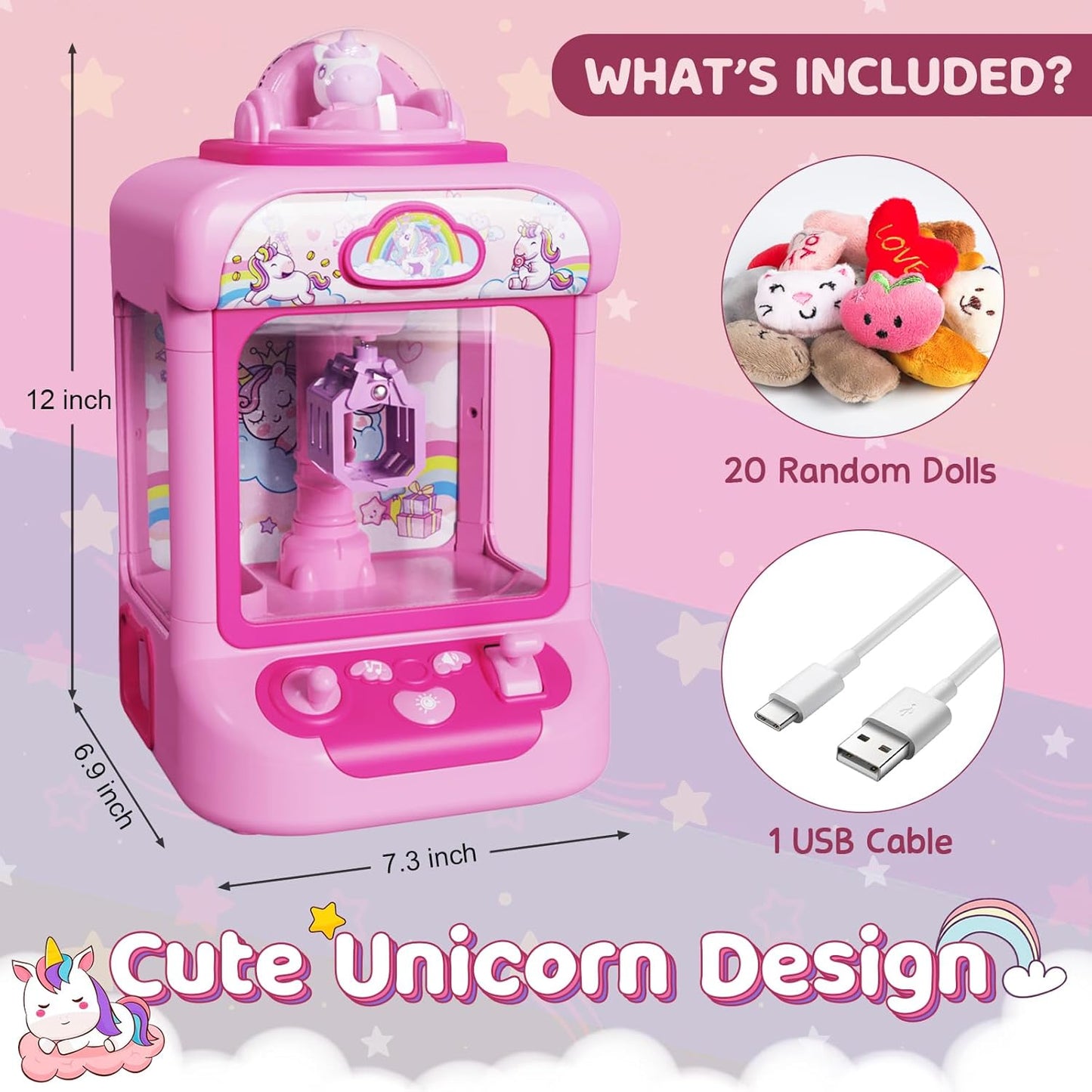 Claw Machine for Kids, Mini Vending Machine Girls Unicorn Toys, Candy Grabber Prize Dispenser with Sound & 20 Mini Plush Toys, Electronic Arcade Game Indoor Toy for Home Party Birthday Gifts ZOUSA