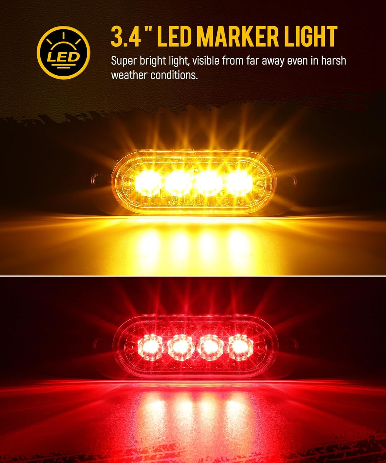 4Pcs 3.4 Inch Aluminum Housing Red/Amber LED Clearance Side Marker Lights, Surface Mount Marker Lights of Trailer Pickup Truck Tractor RV Motorcycle Golf Cart, IP67 Waterproof(2Red +2 Amber)
