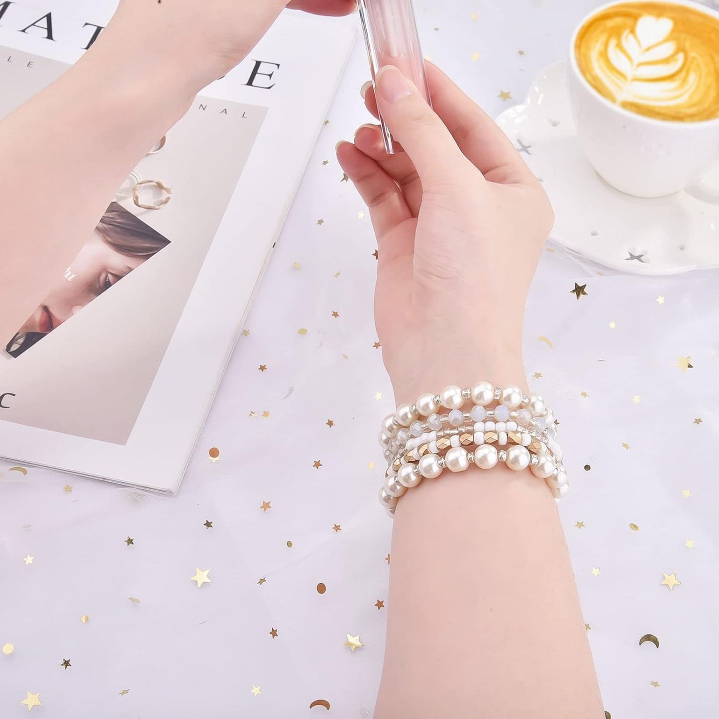 Beaded Bracelet Compatible for Apple Watch Band 40Mm/38Mm/41Mm Series 9 8 7 SE Series 6/5/4 Women Fashion Cute Handmade Pearl Stretchy Watch Strap for Iwatch Bands Series 3/2/1 Replacement
