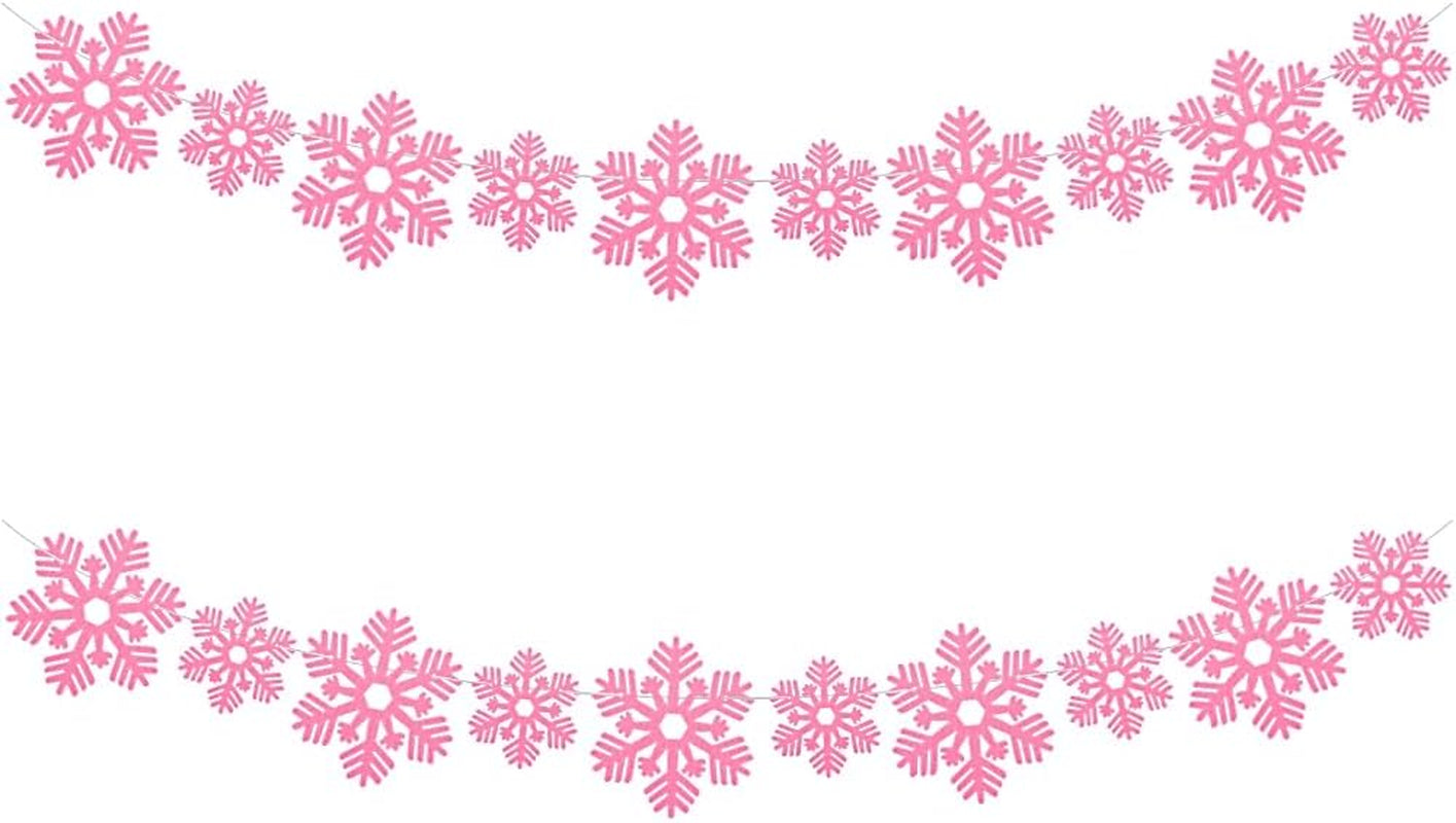 2 Pack Pink Snowflake Garland Felt Snowflake Banner Cute Pink Christmas Snowflake Decoration for Snow Winter Party Decorations