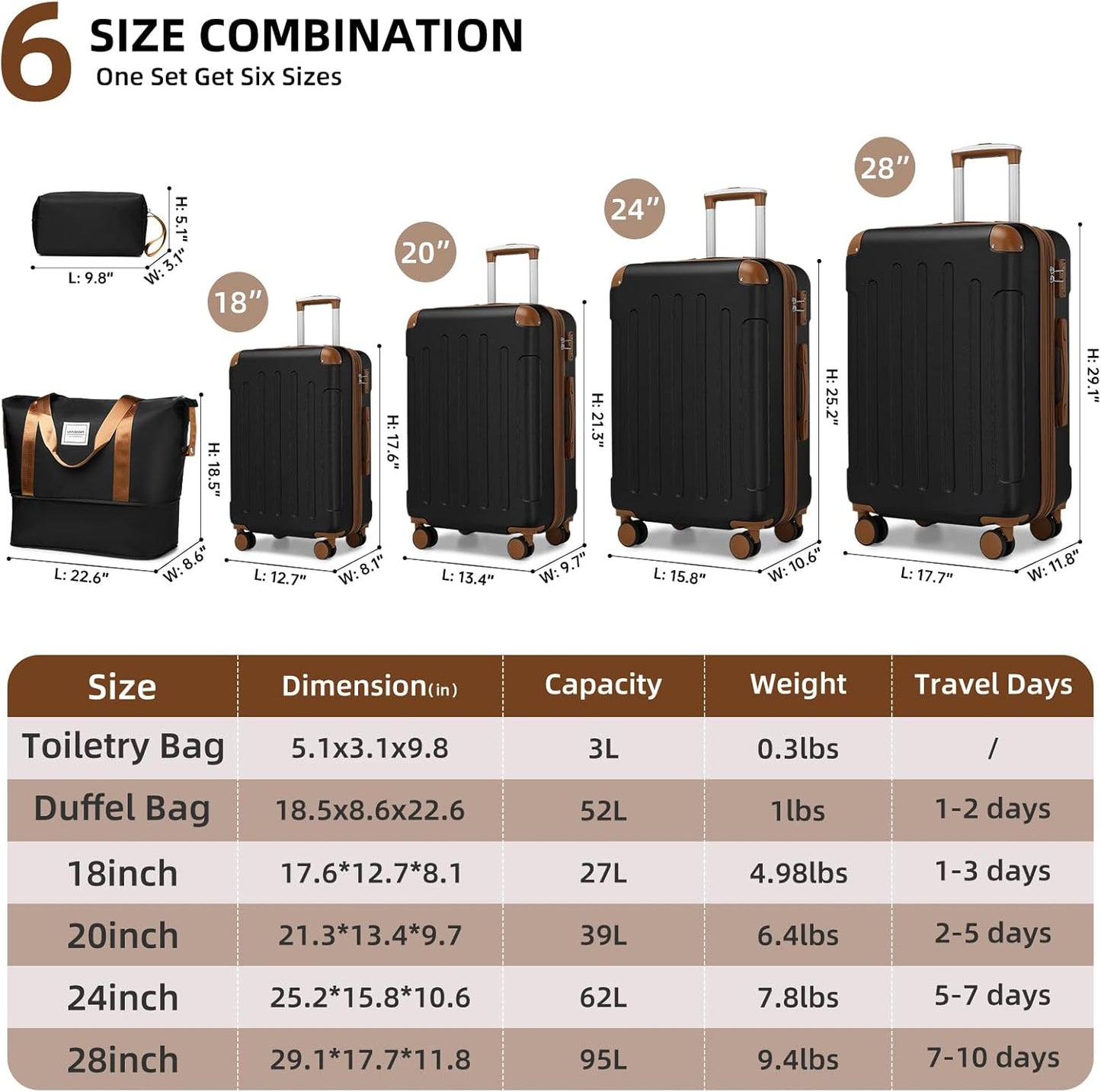 Luggage Sets 6 Piece Hardshell Expandable Suitcases with Spinner Wheels TSA Lock, Lightweight ABS Travel Carry on Suitcase Set for Women, Black Brown